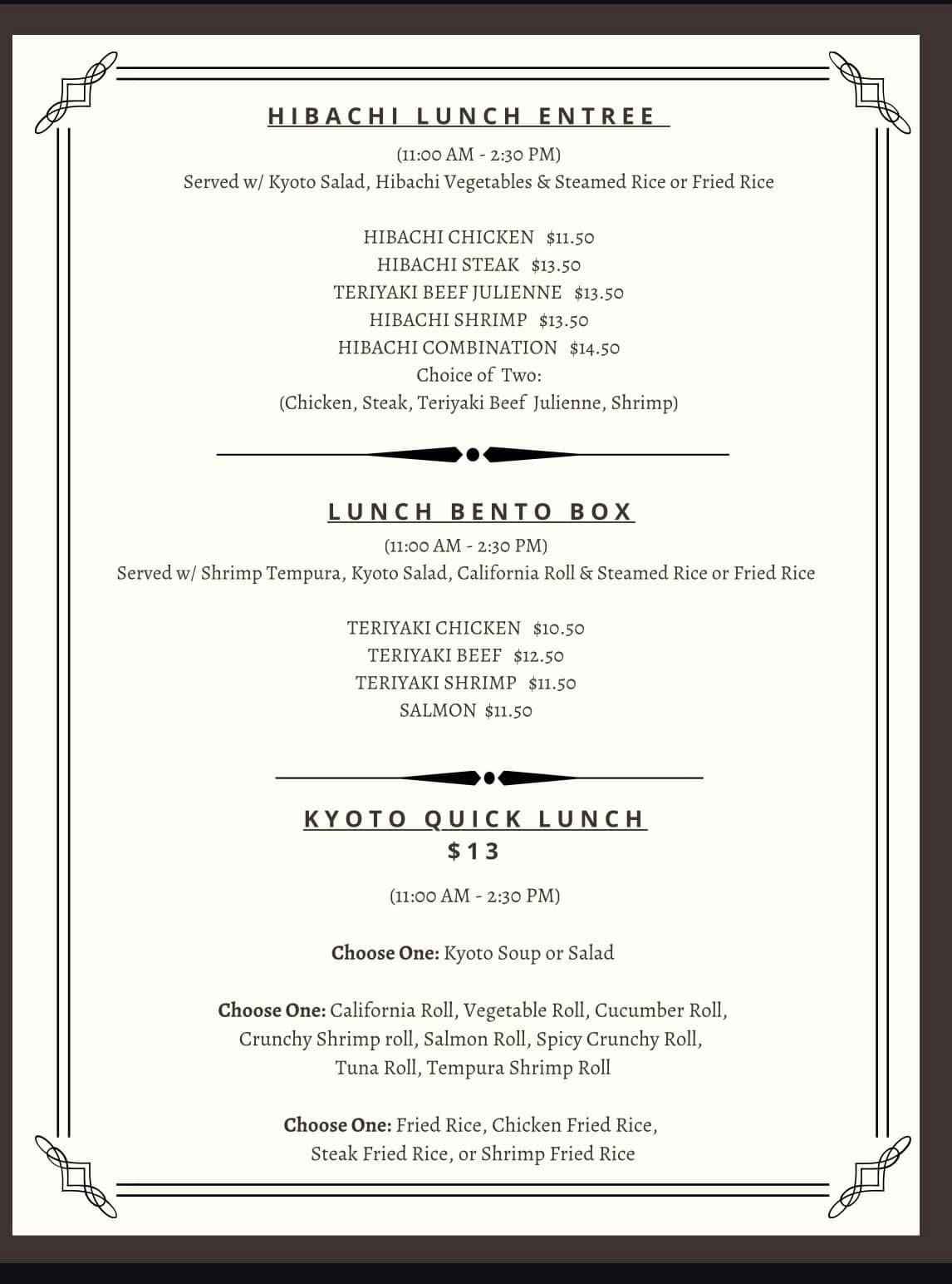 Kyoto Menu