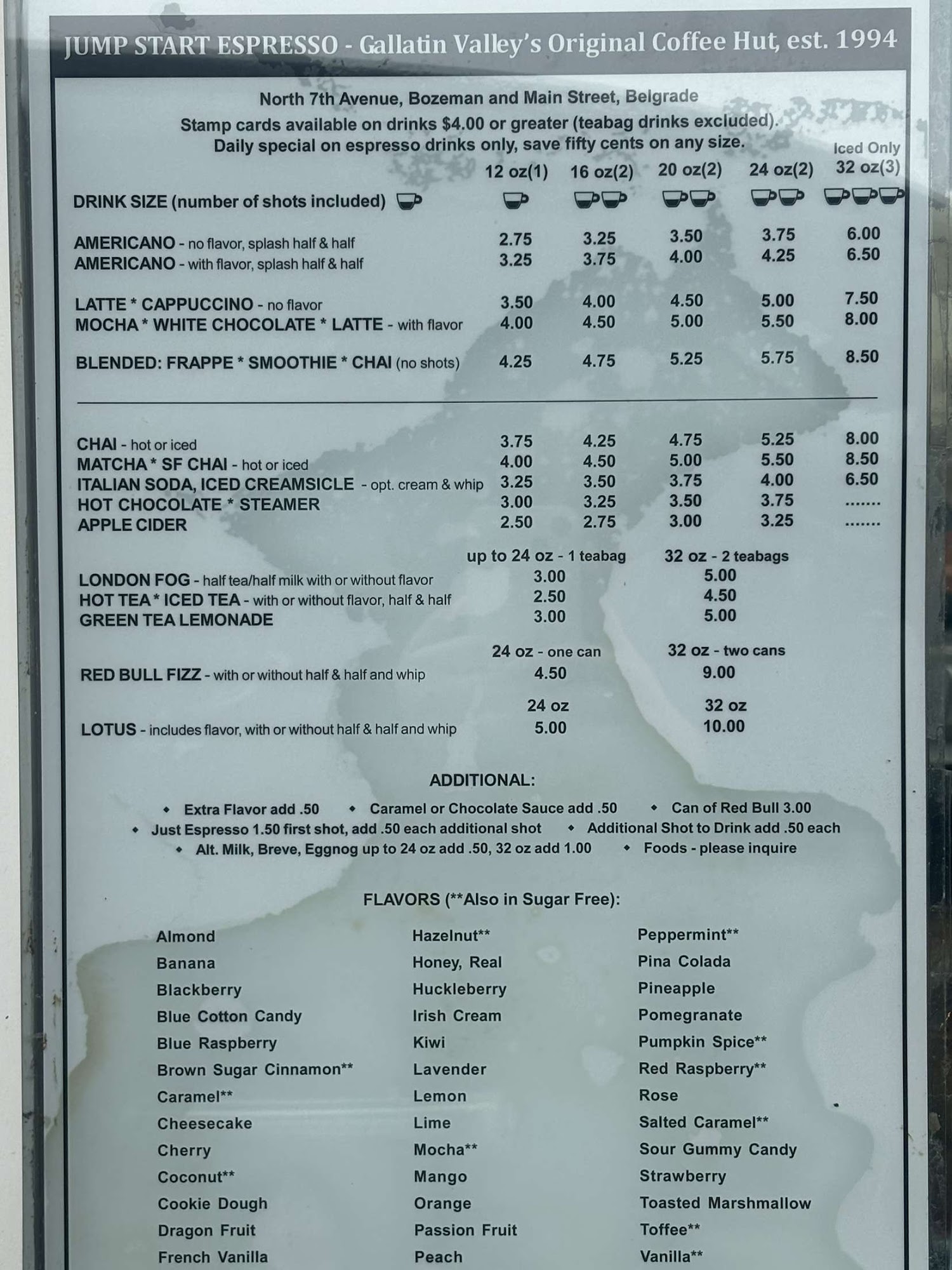 Jump Start Espresso Menu