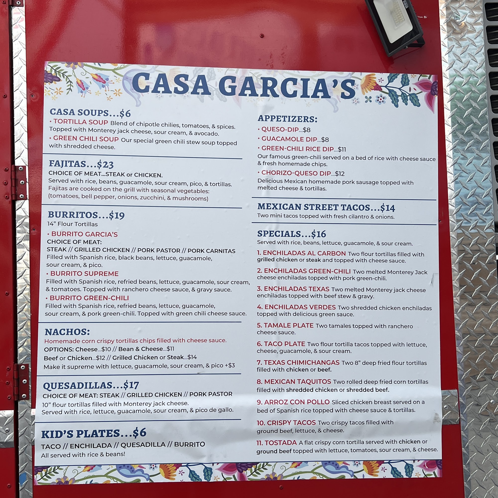 Casa Garcia's Menu