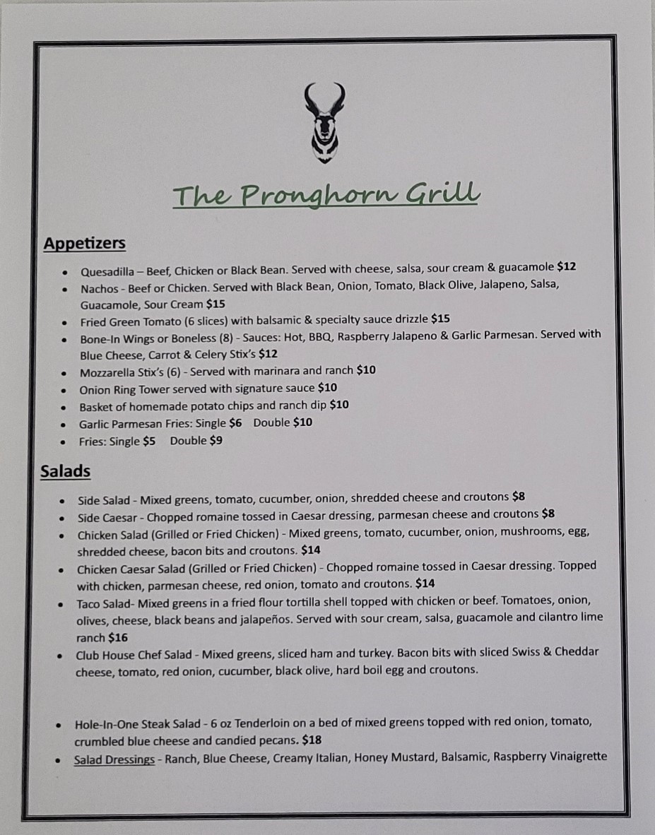 The Pronghorn Grill Restaurant Menu