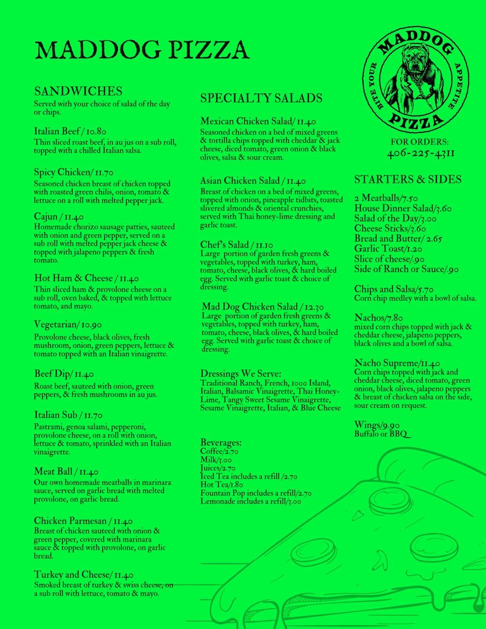 Maddog Pizza Menu