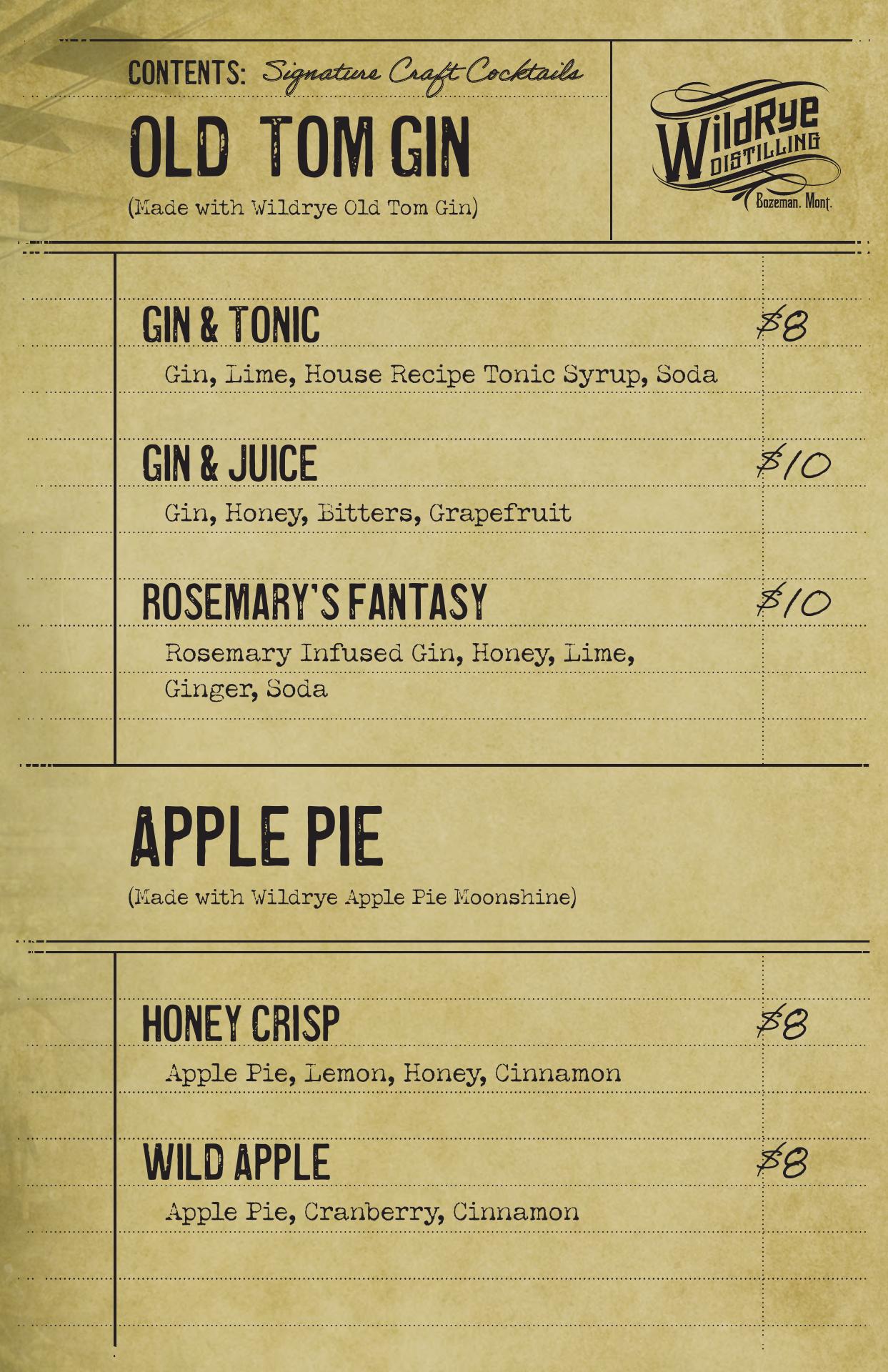 Wildrye Distilling Menu
