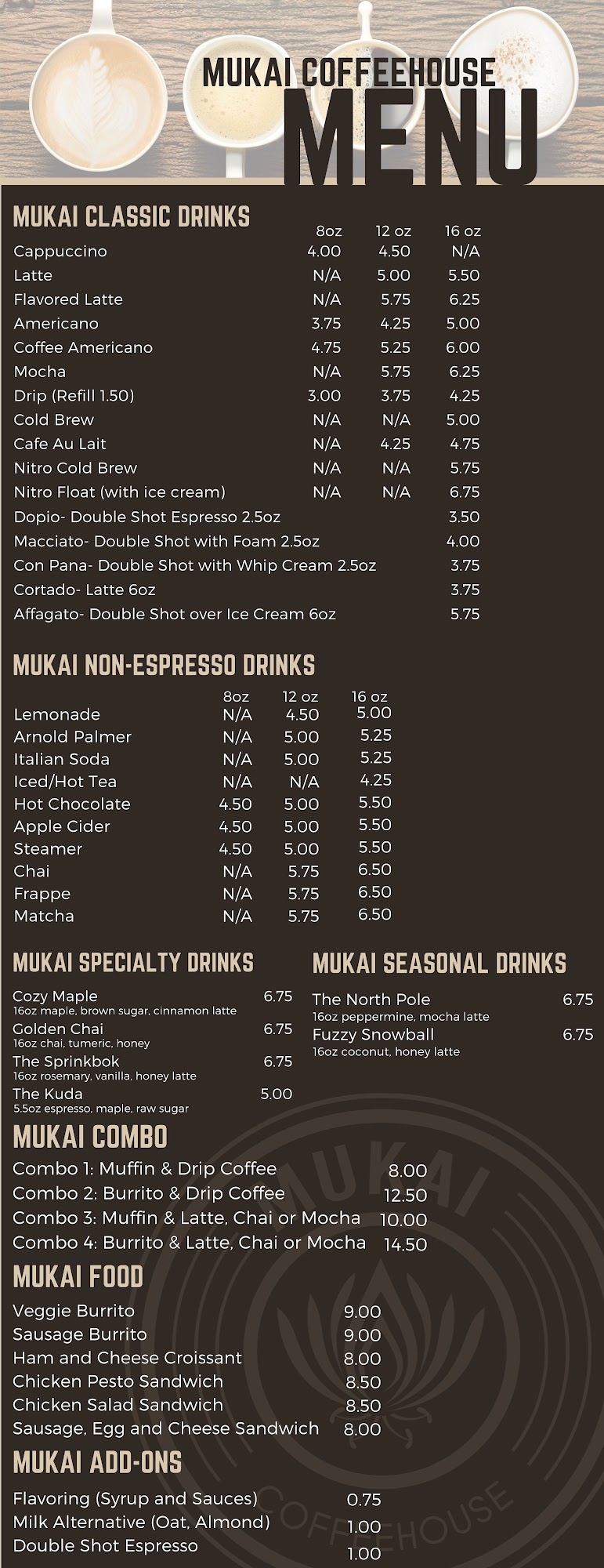 Mukai Coffeehouse Menu