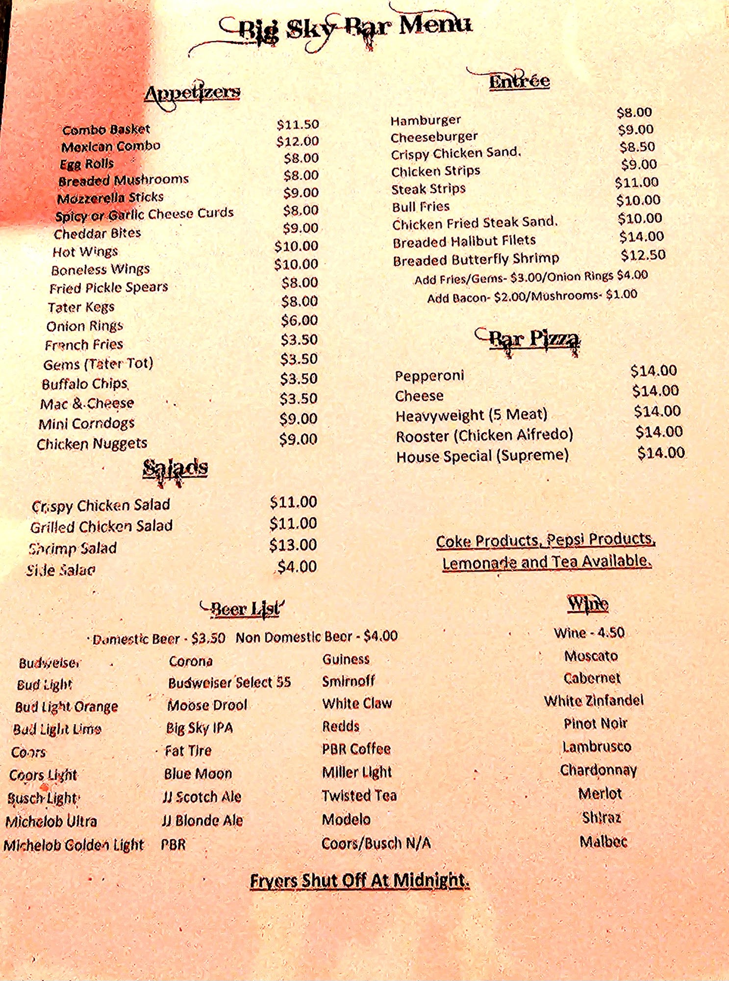 Big Sky Bar Menu