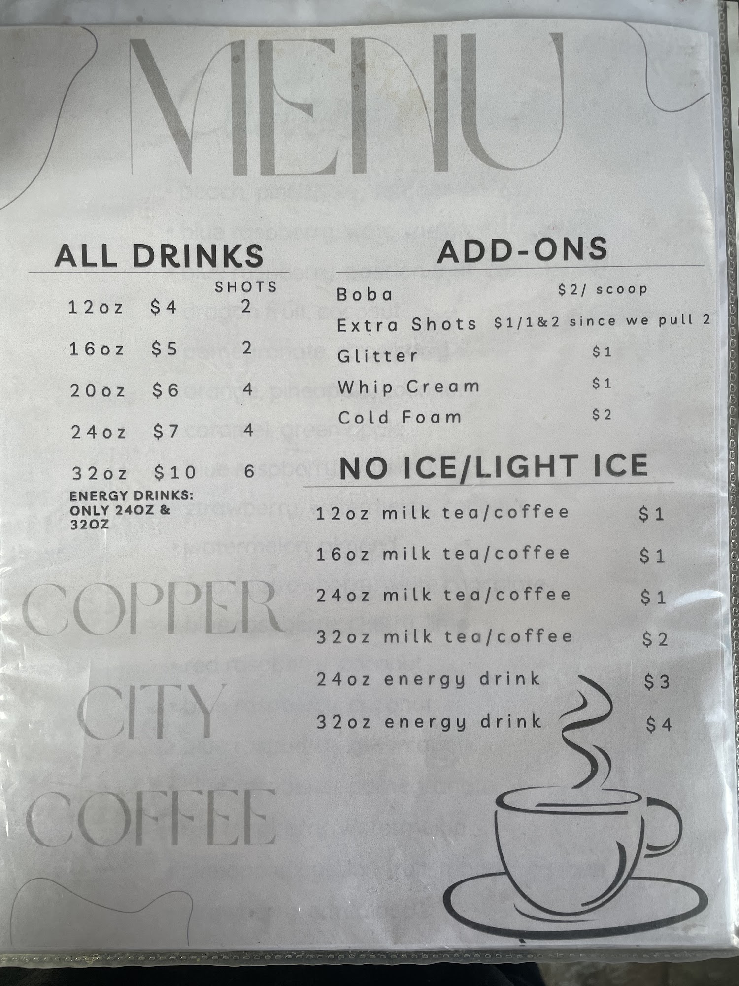Copper City Coffee Menu