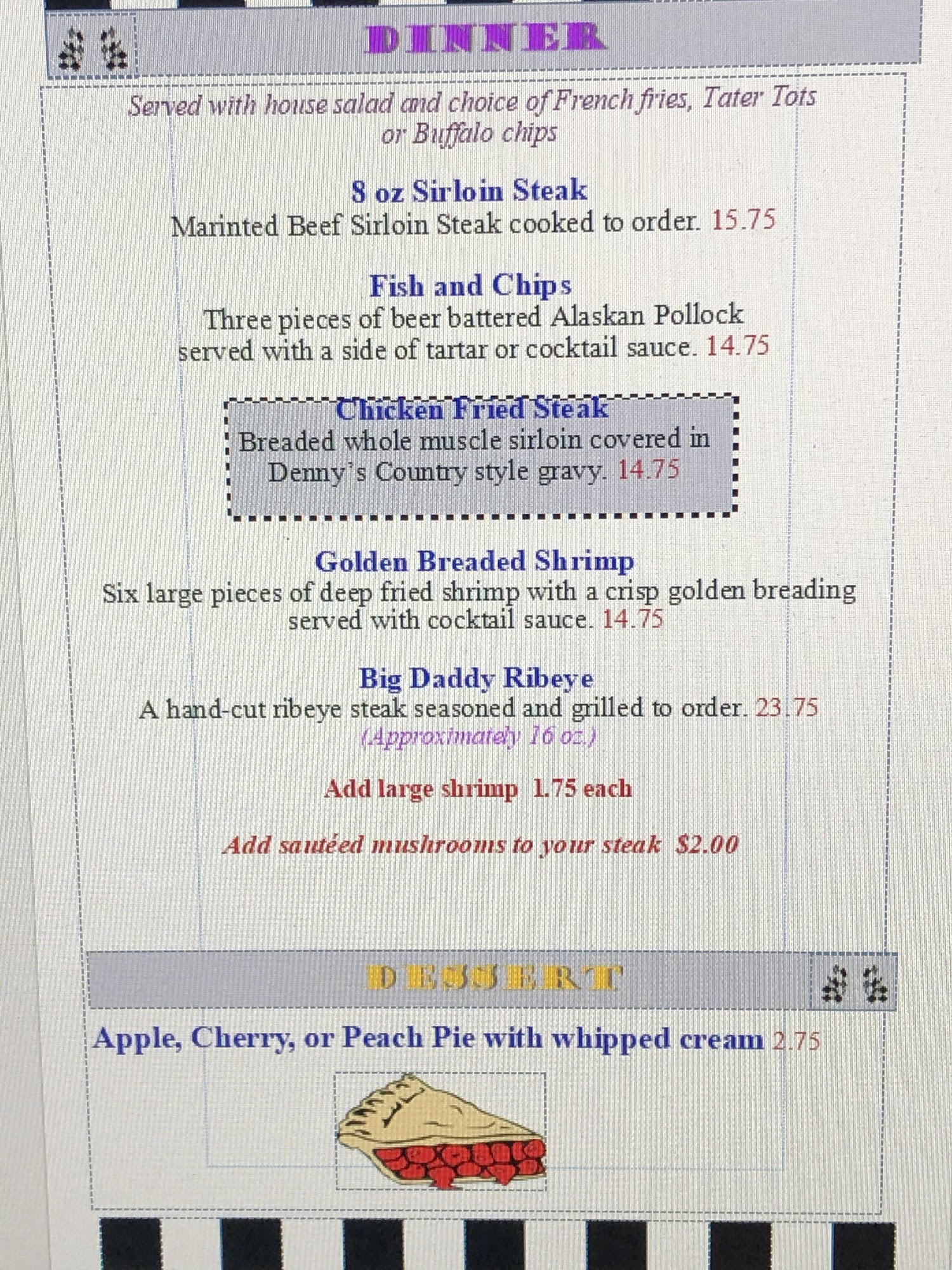 Junction City Saloon & Hotel Rooms Menu