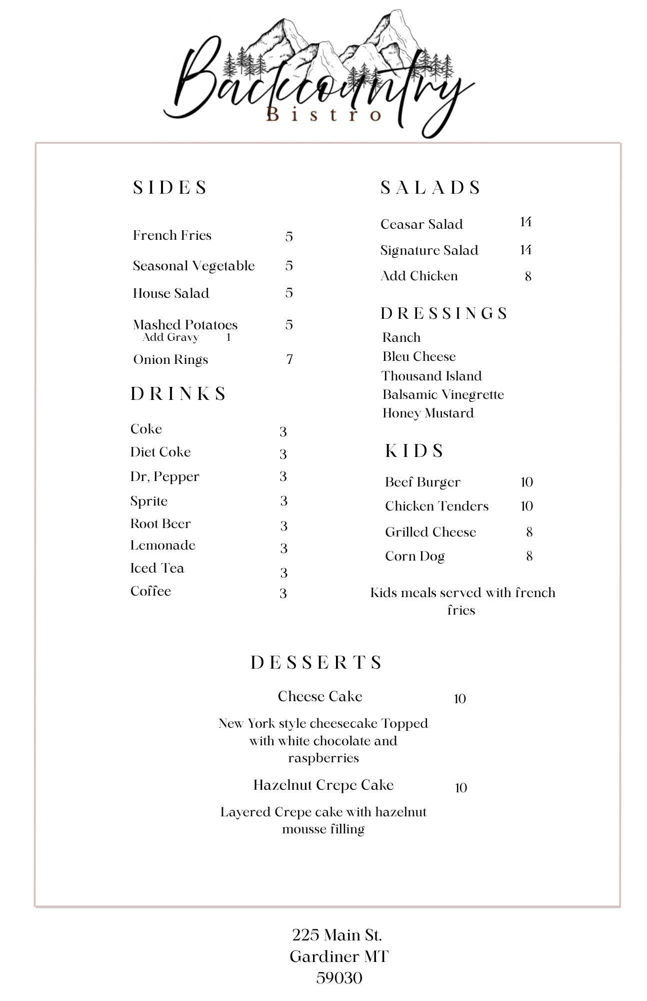 Backcountry Bistro Menu