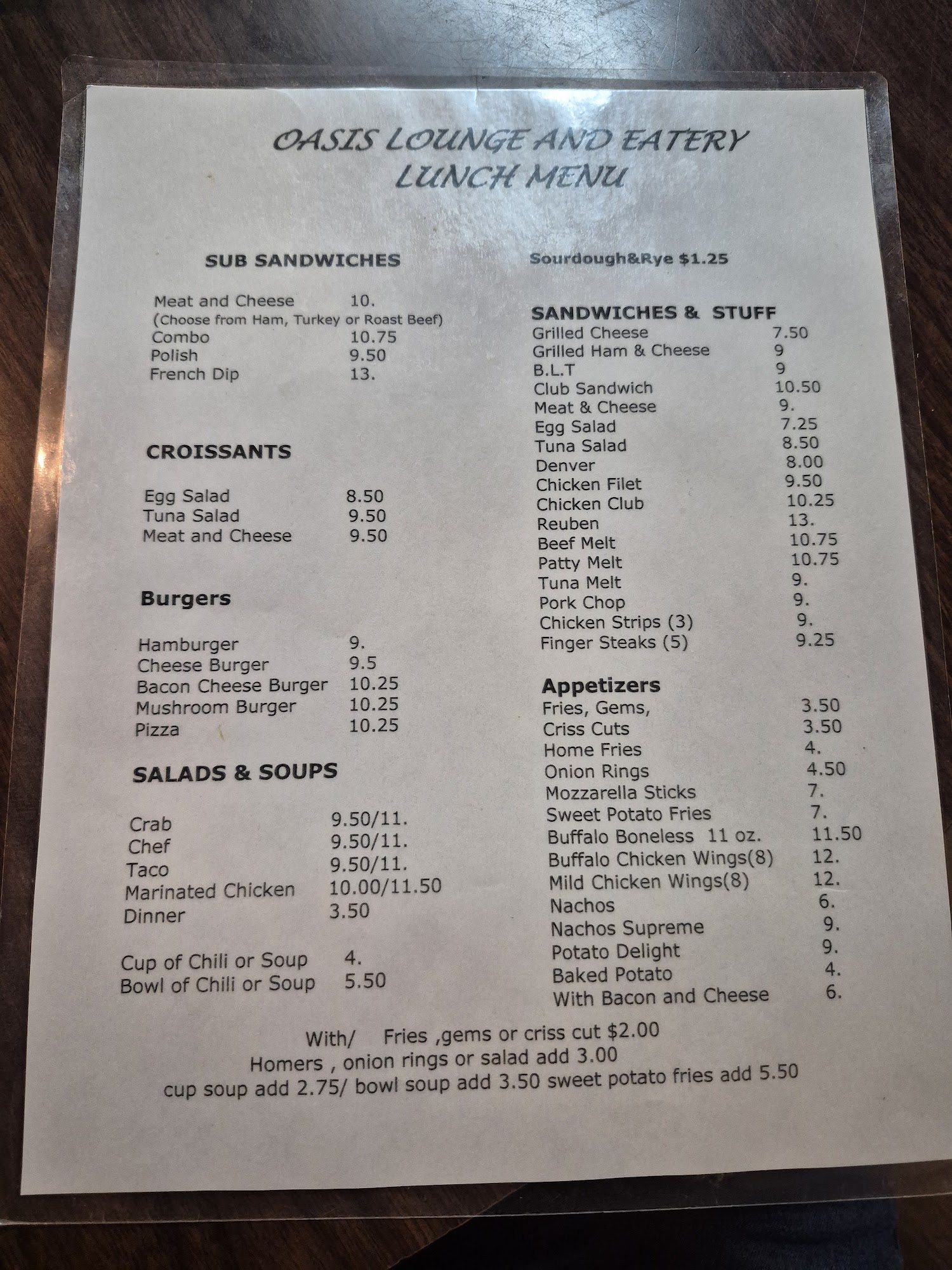 Oasis Lounge Eatery & Casino Menu