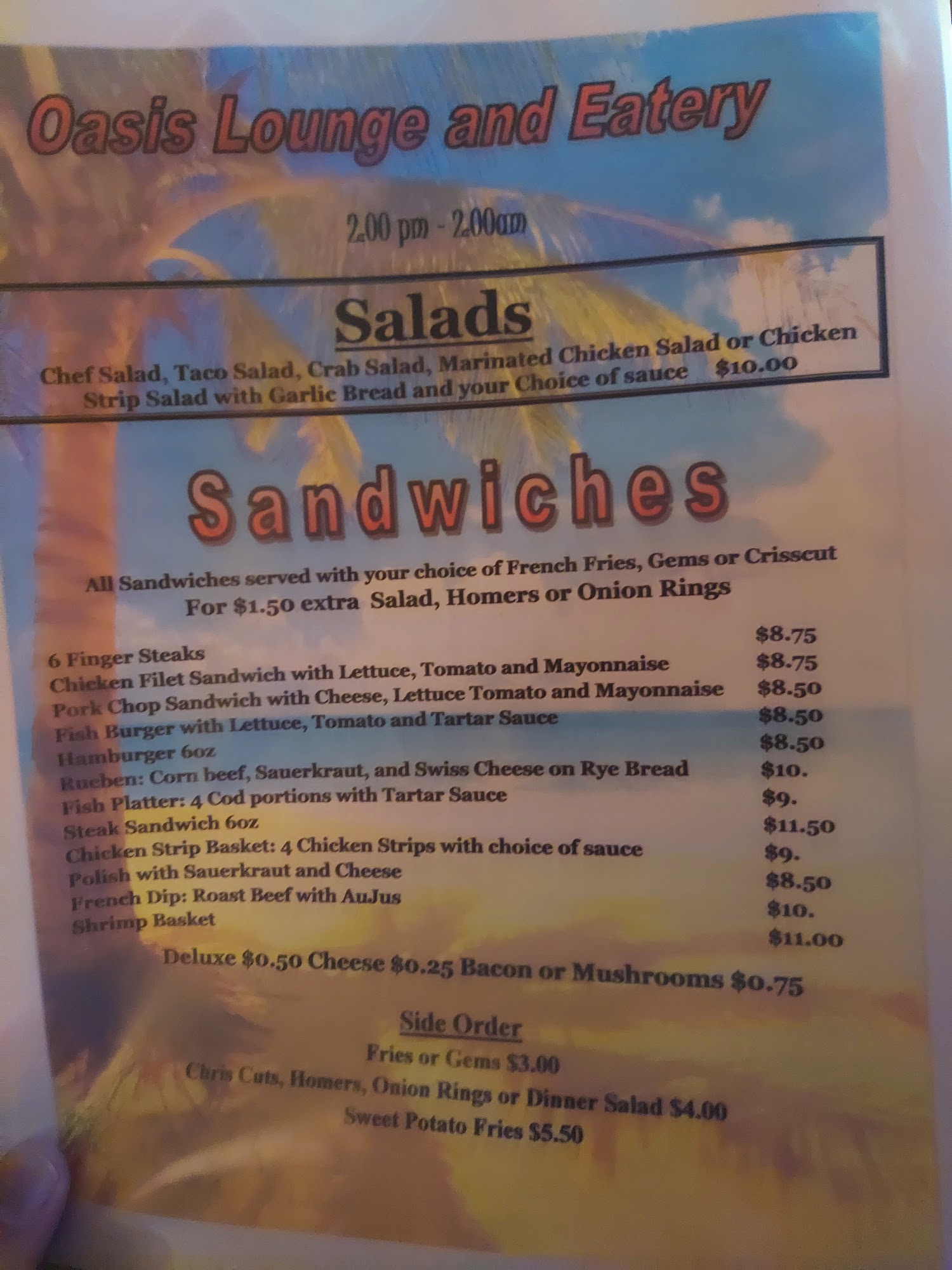 Oasis Lounge Eatery & Casino Menu