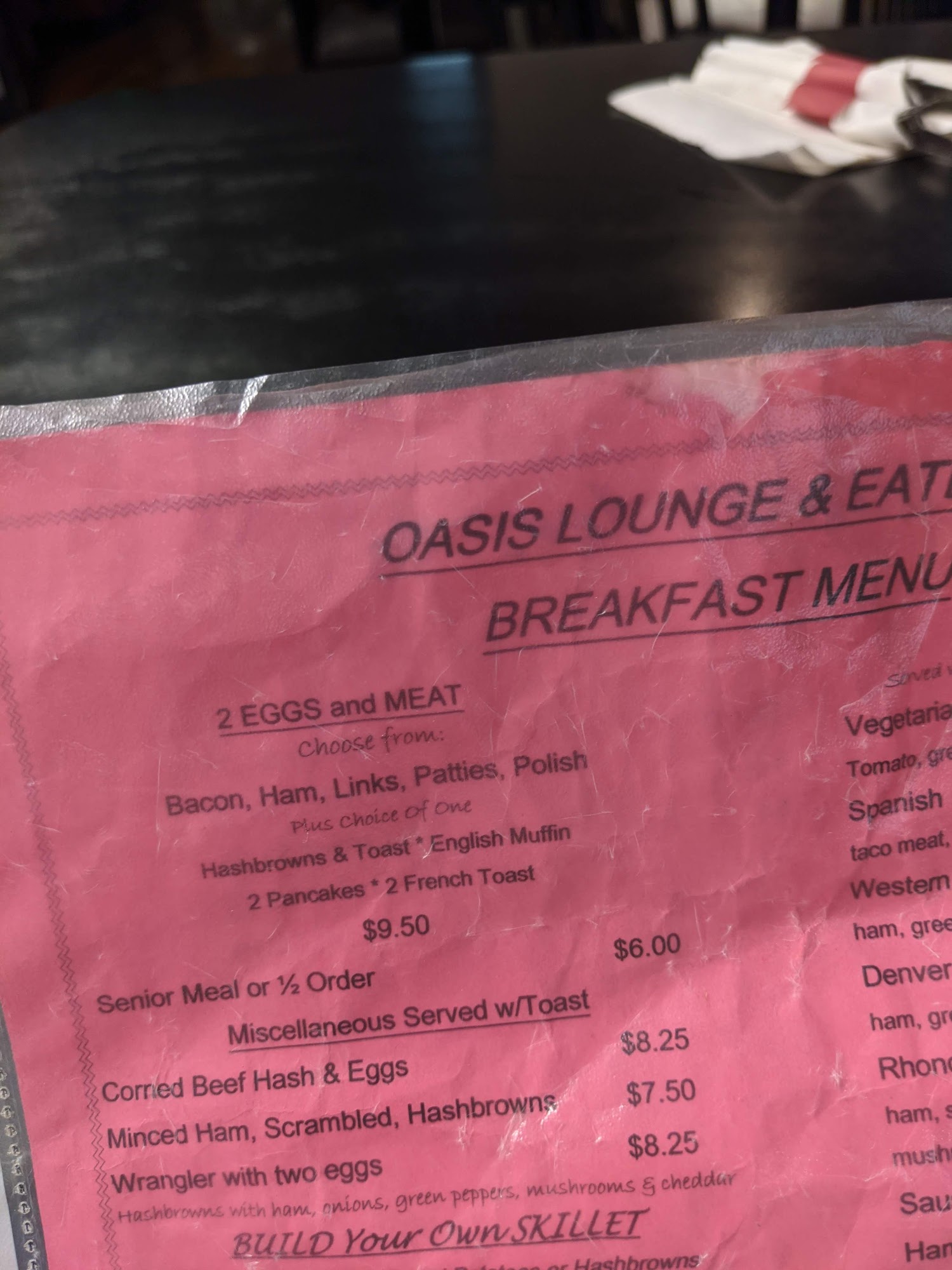 Oasis Lounge Eatery & Casino Menu