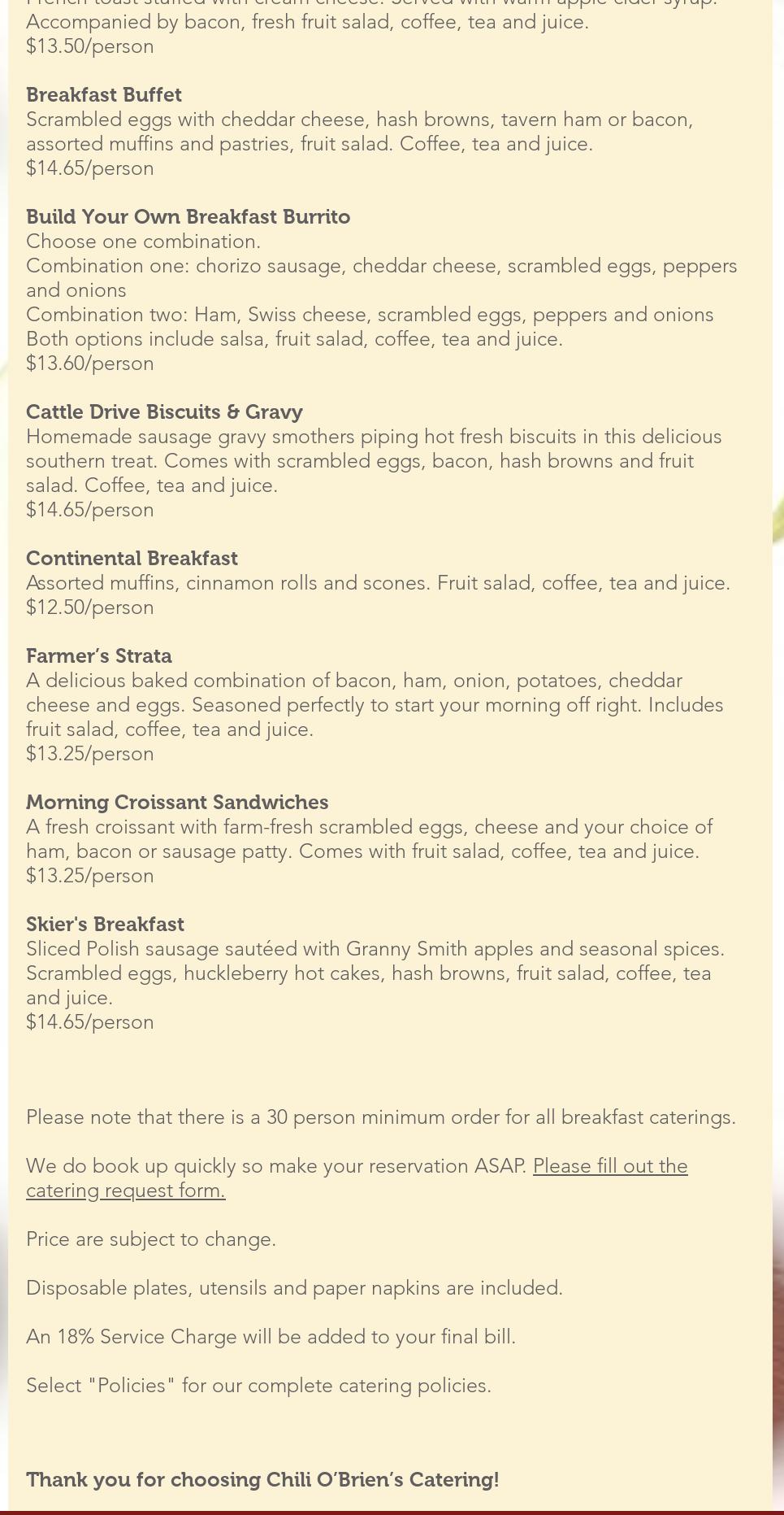Chili O'Briens Catering Menu