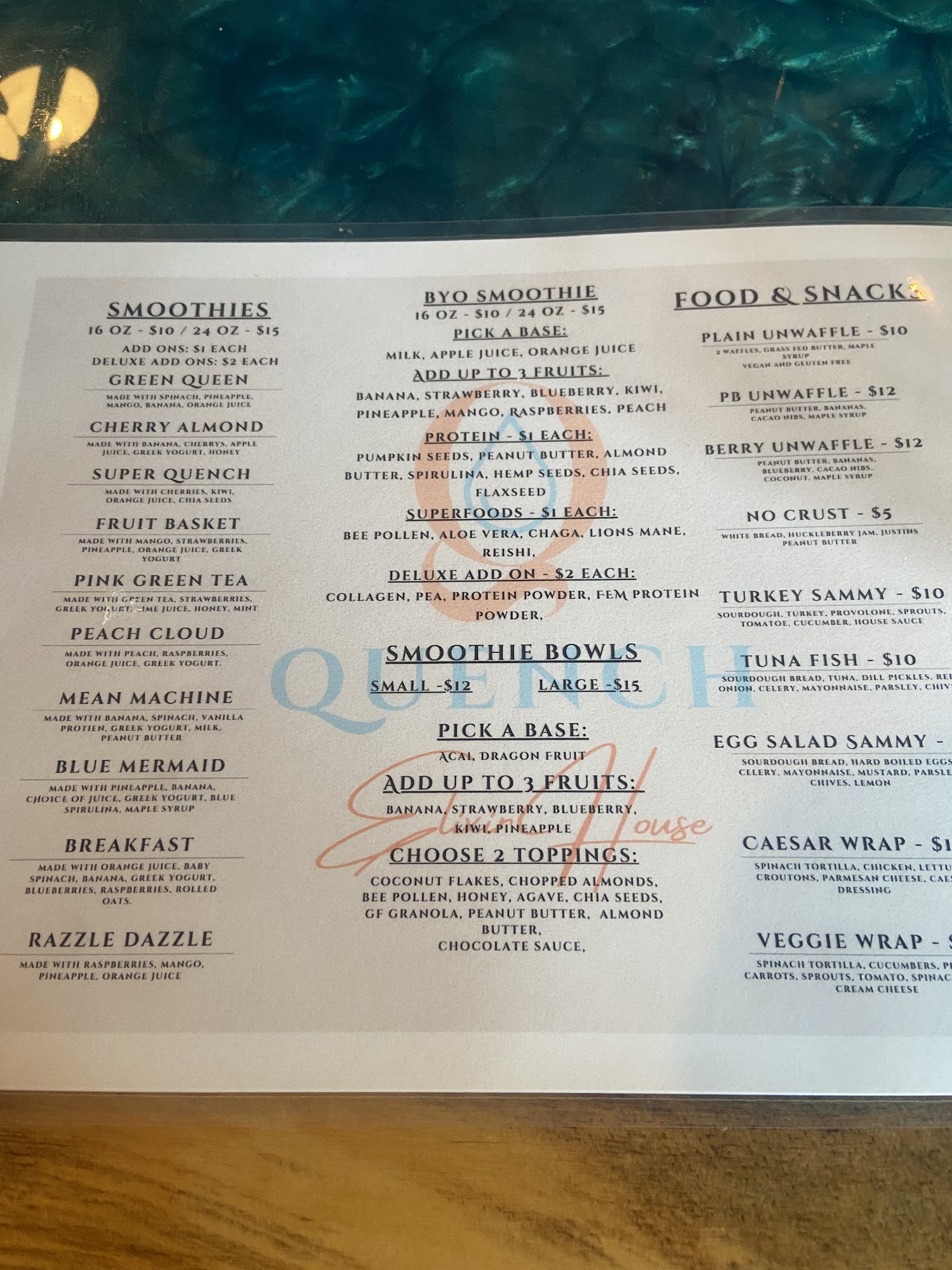 Quench Elixir House Menu
