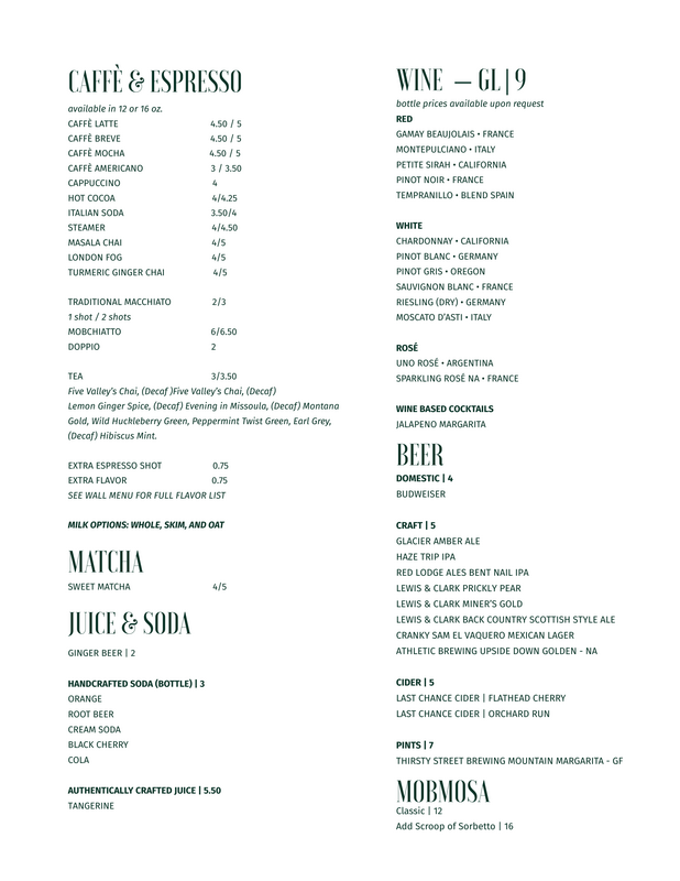 MOB Studios & Gallery | Caffè, Coffee, Beer, & Wine Menu