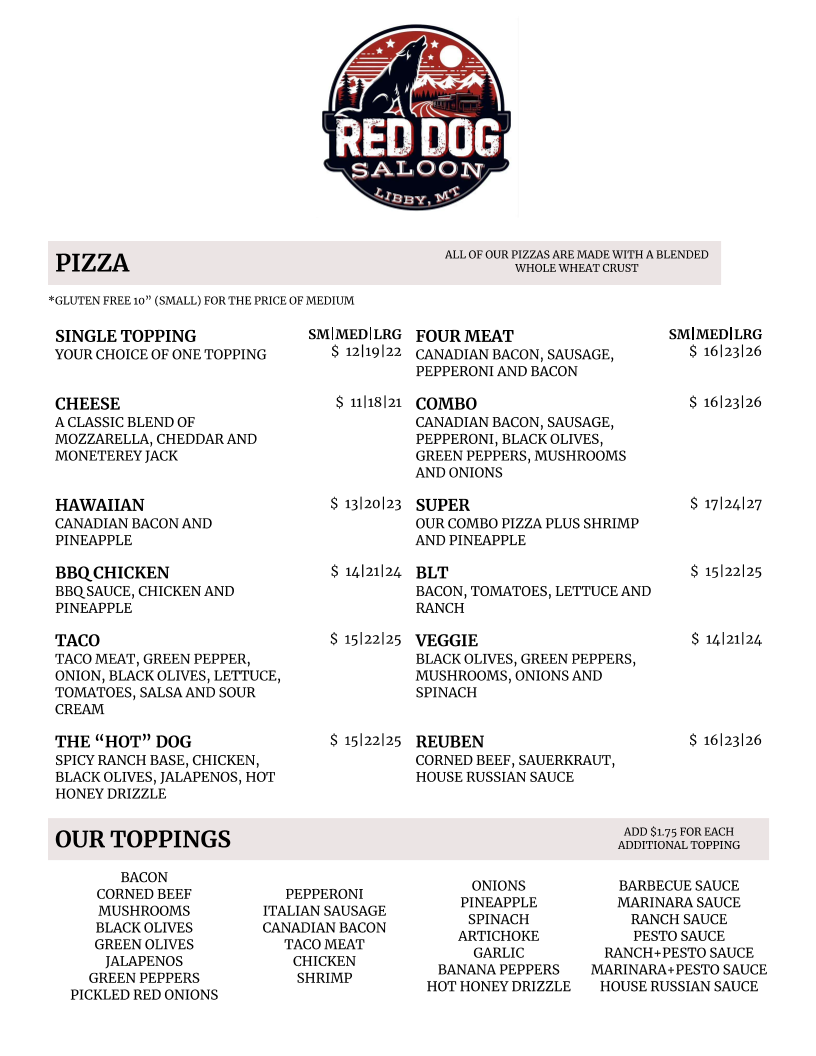 Red Dog Saloon & Pizza Menu