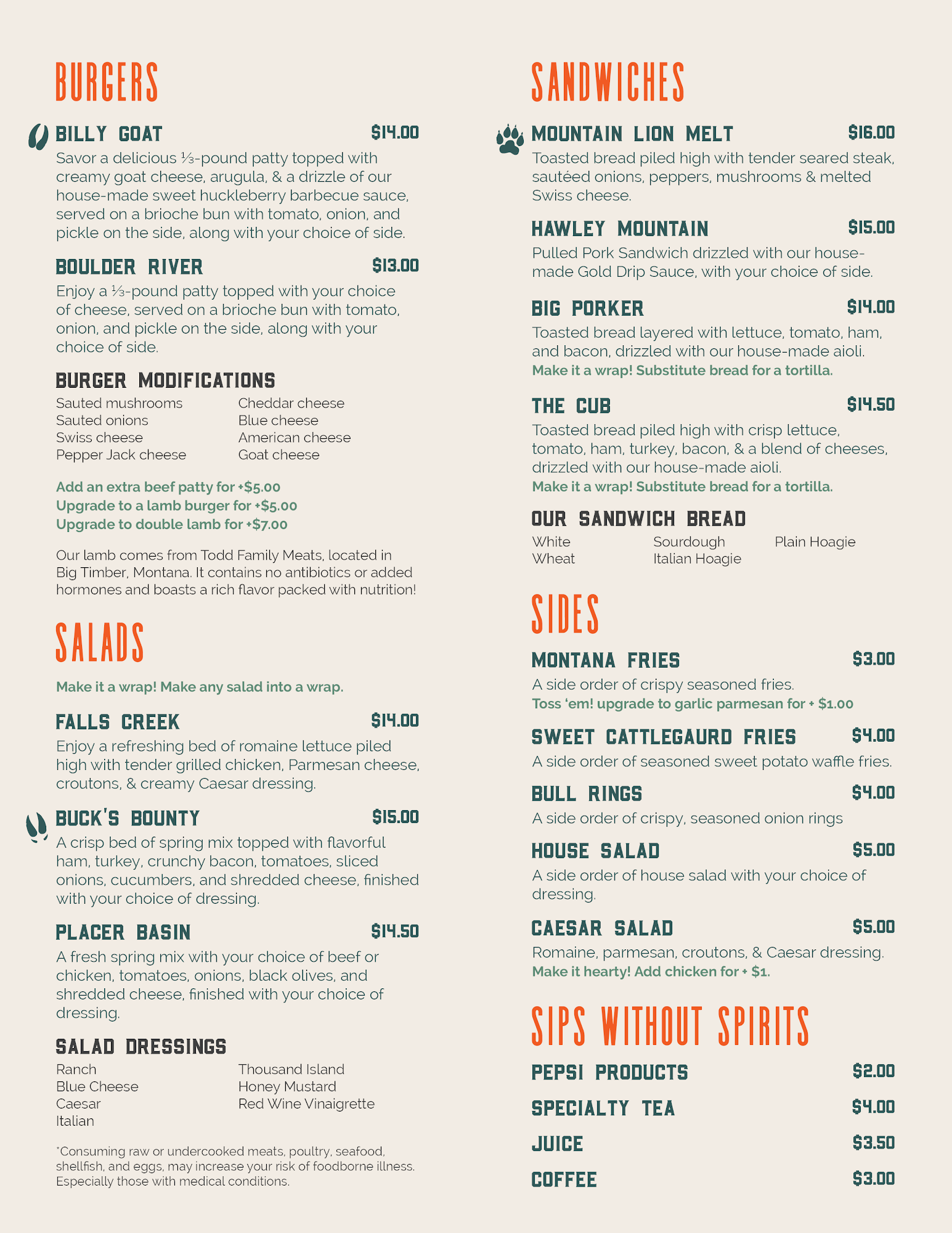 Boulder River Roadkill Menu