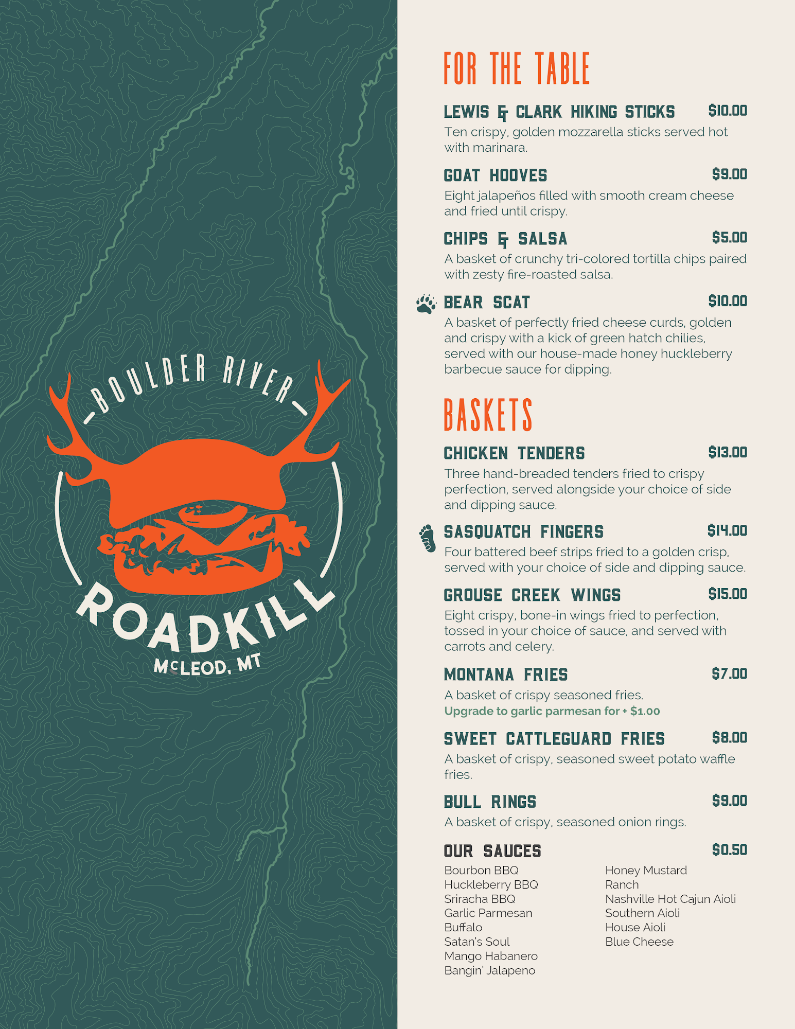 Boulder River Roadkill Menu