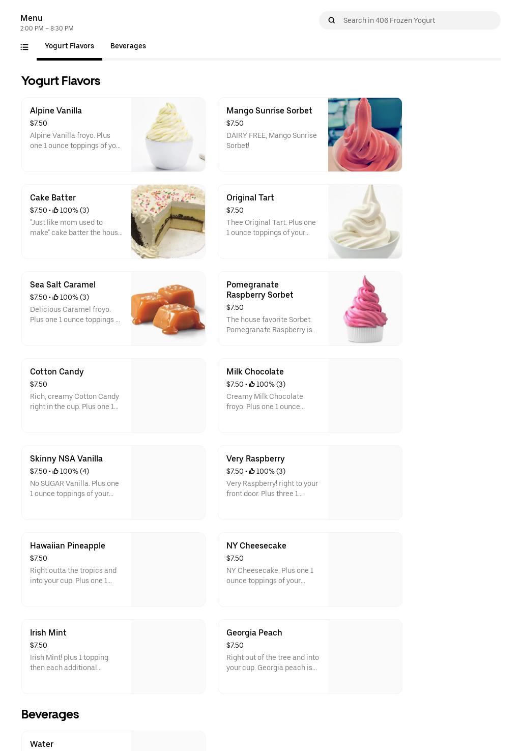 406 Frozen Yogurt Menu