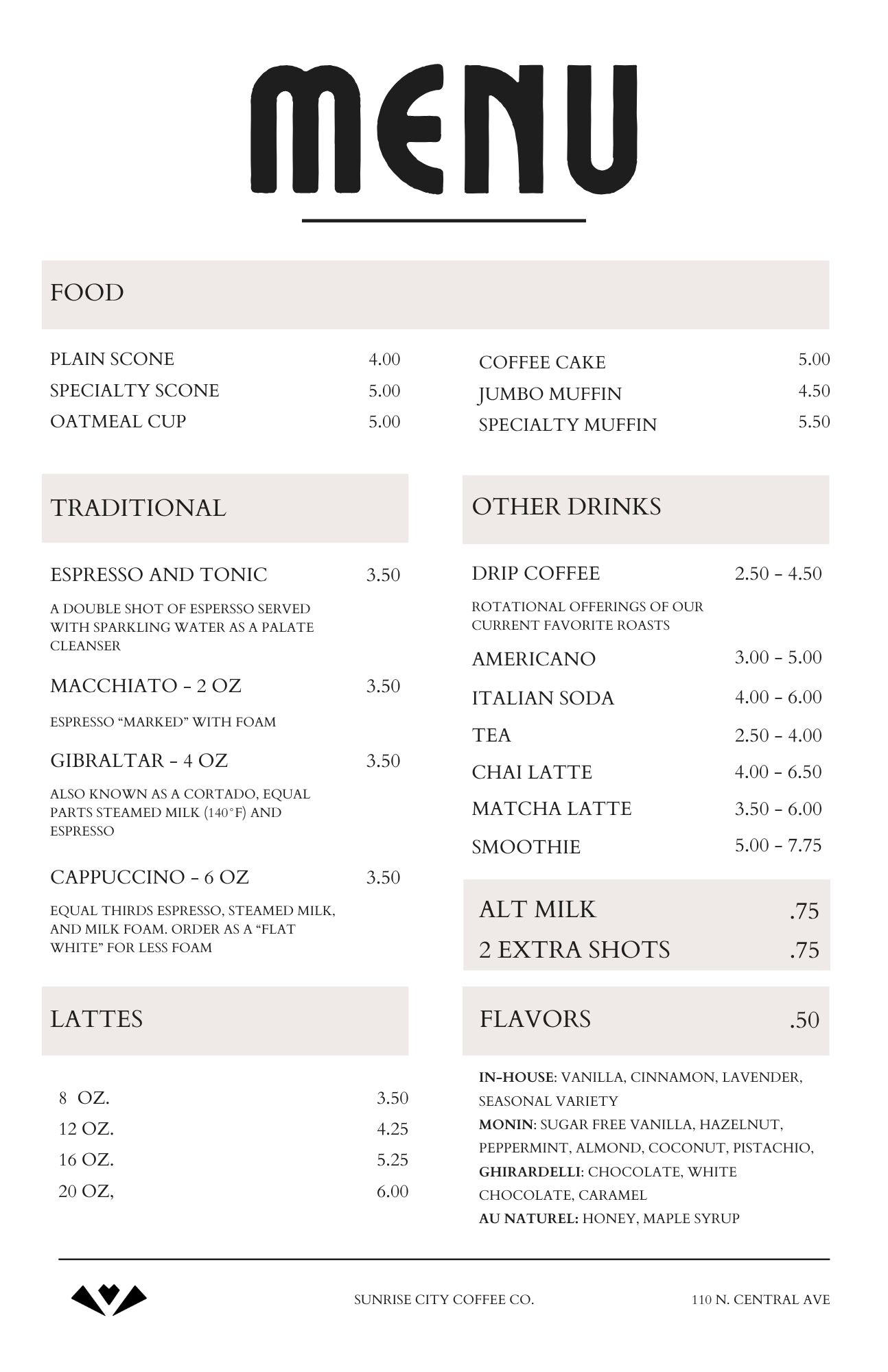 Sunrise City Coffee Company Menu