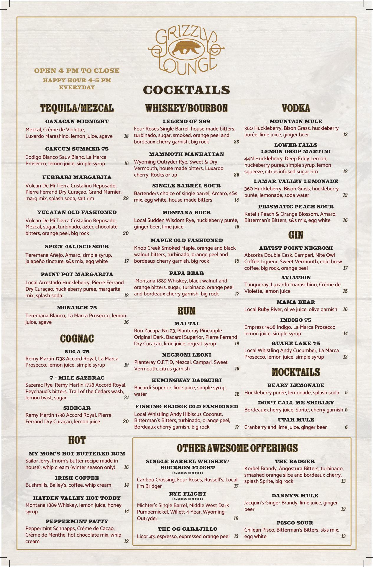 Grizzly Lounge Menu