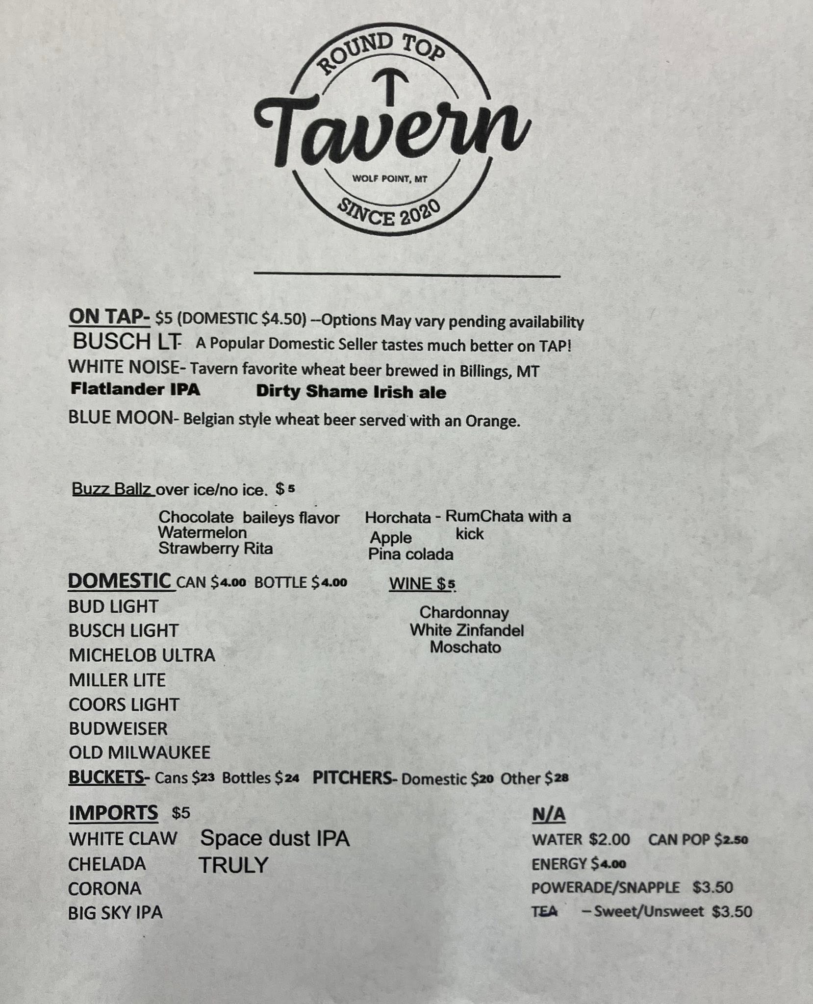 The Tavern Menu