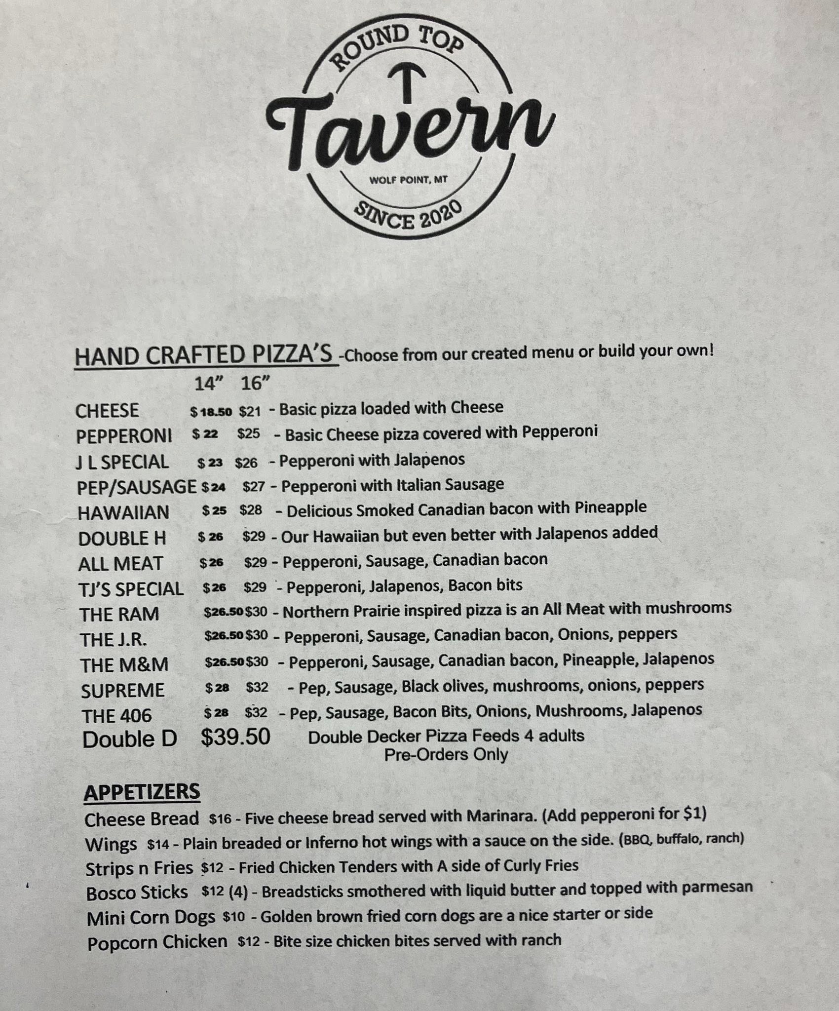 The Tavern Menu