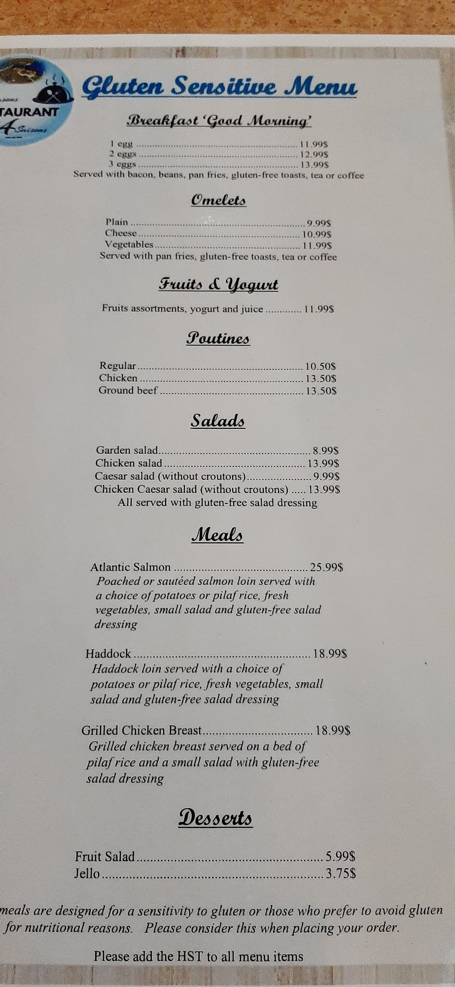 Osprey 4 Saisons Menu