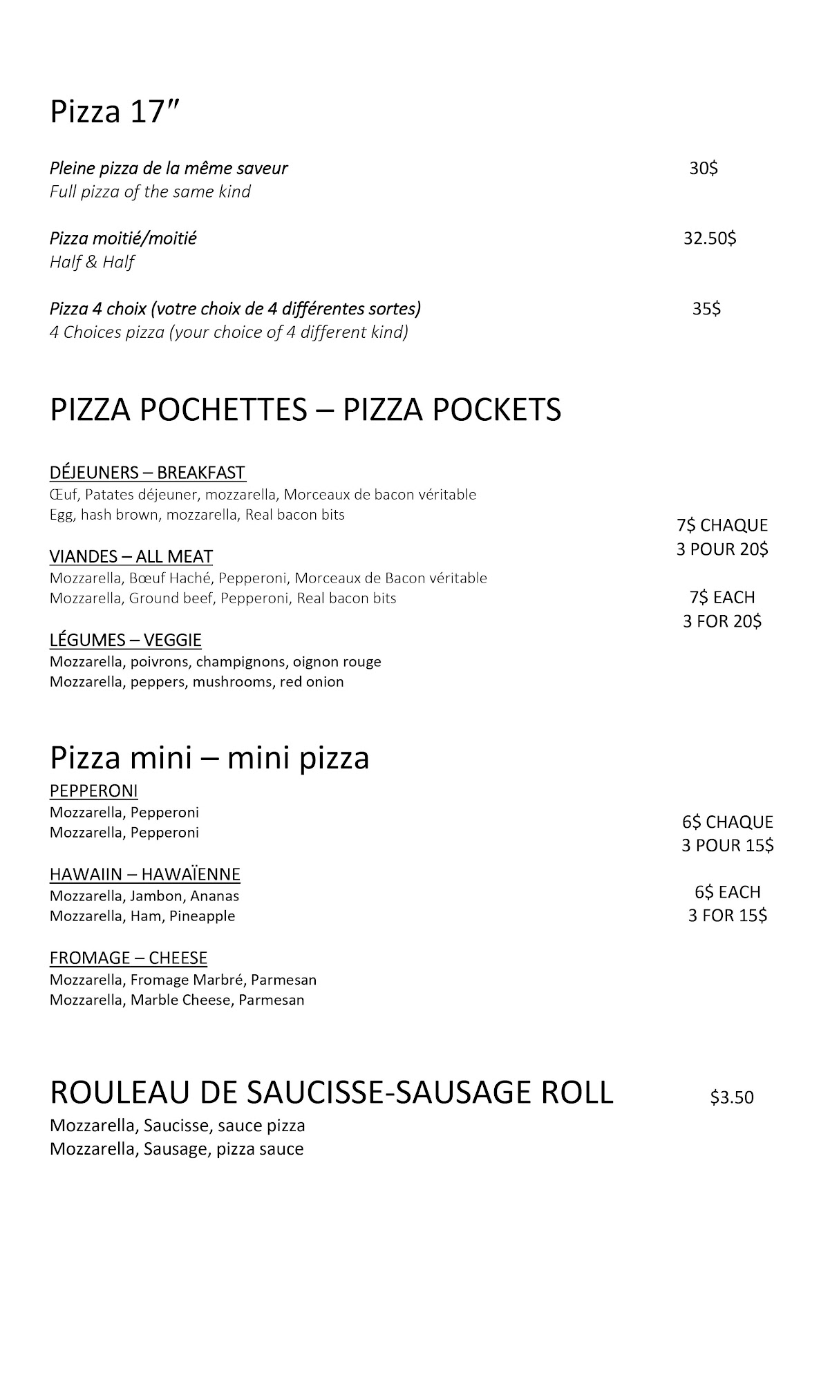 La Pizza du Marché Menu