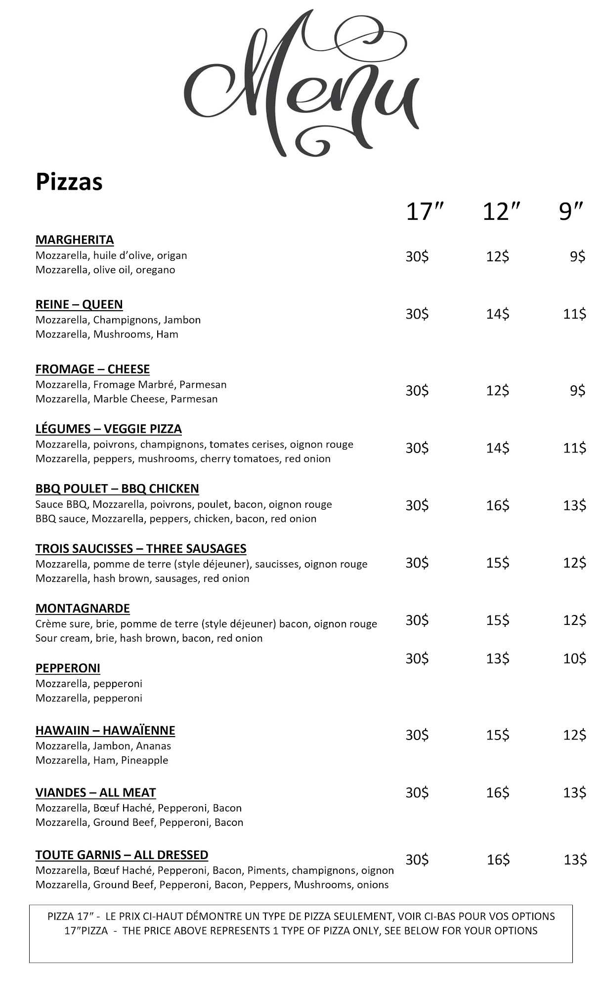 La Pizza du Marché Menu