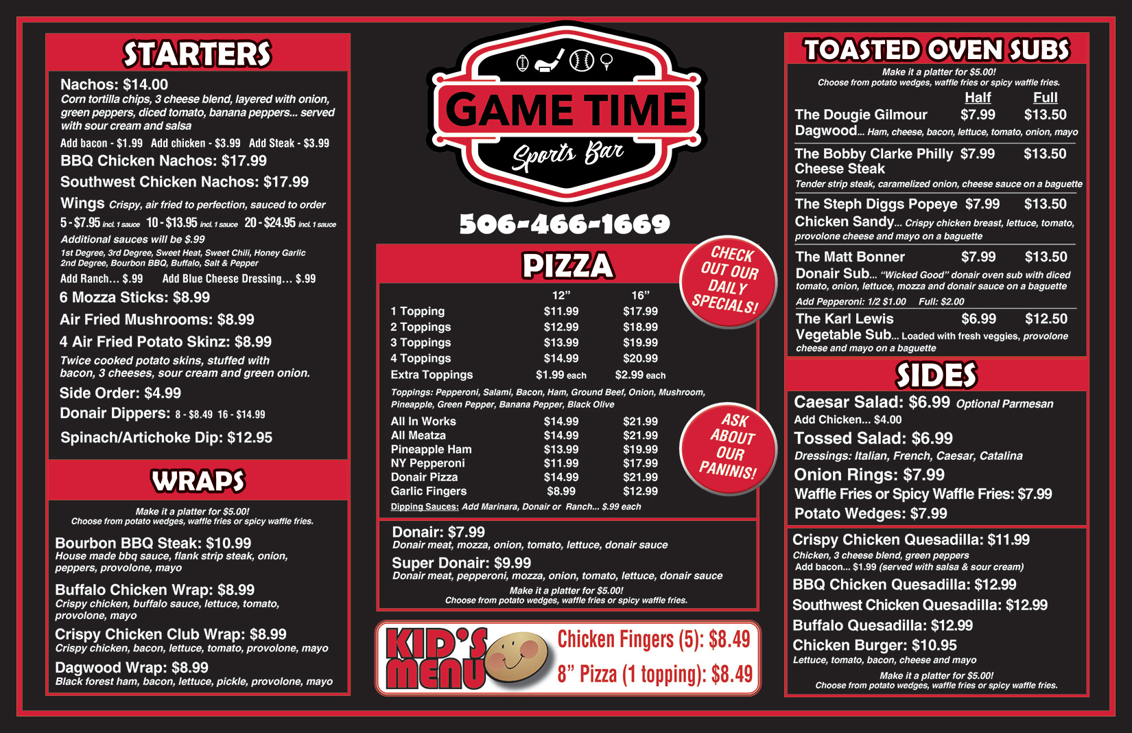 Game Time Sports Bar Menu