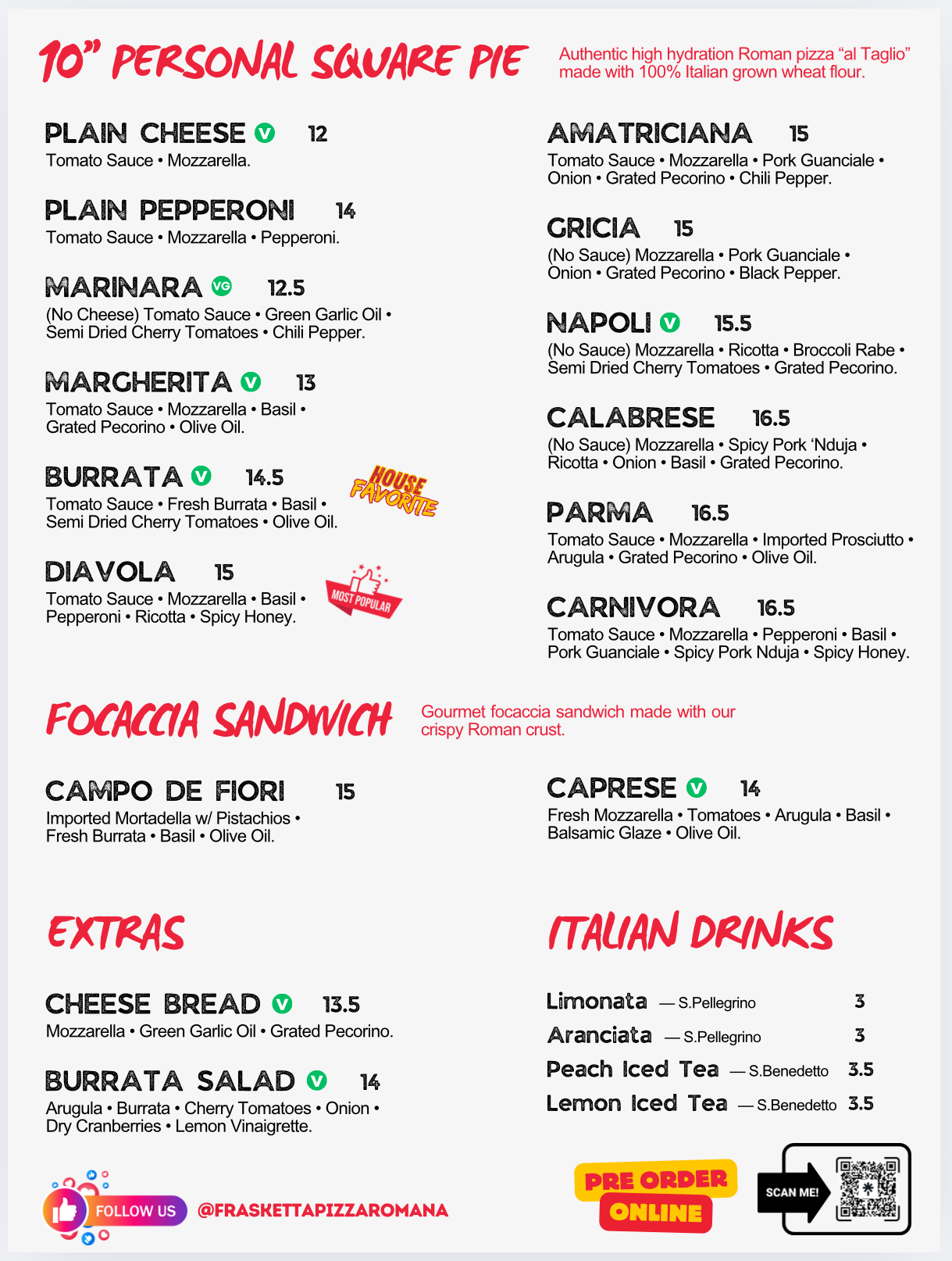 Frasketta Pizza Romana Menu