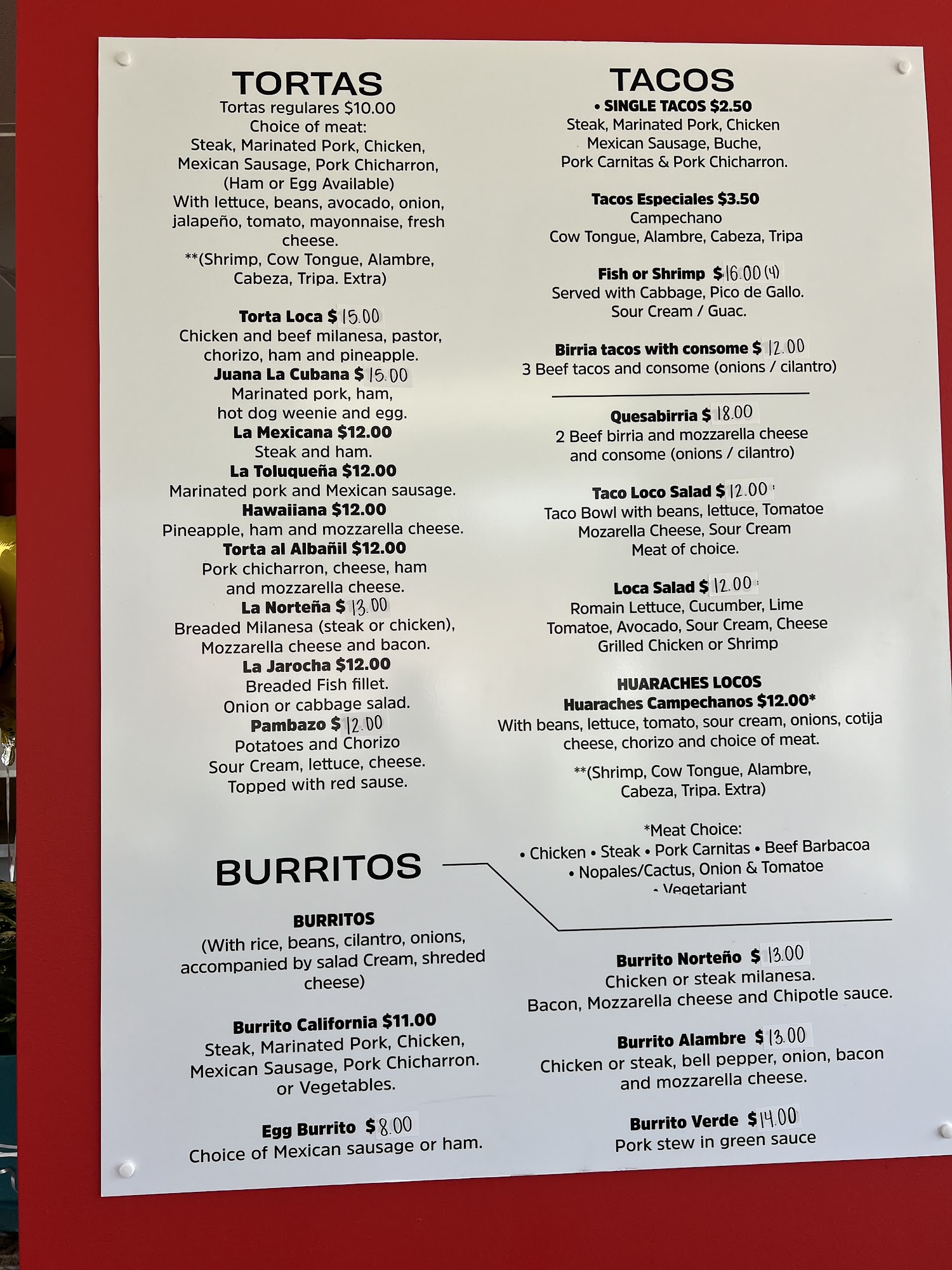 Tortas Locas Menu