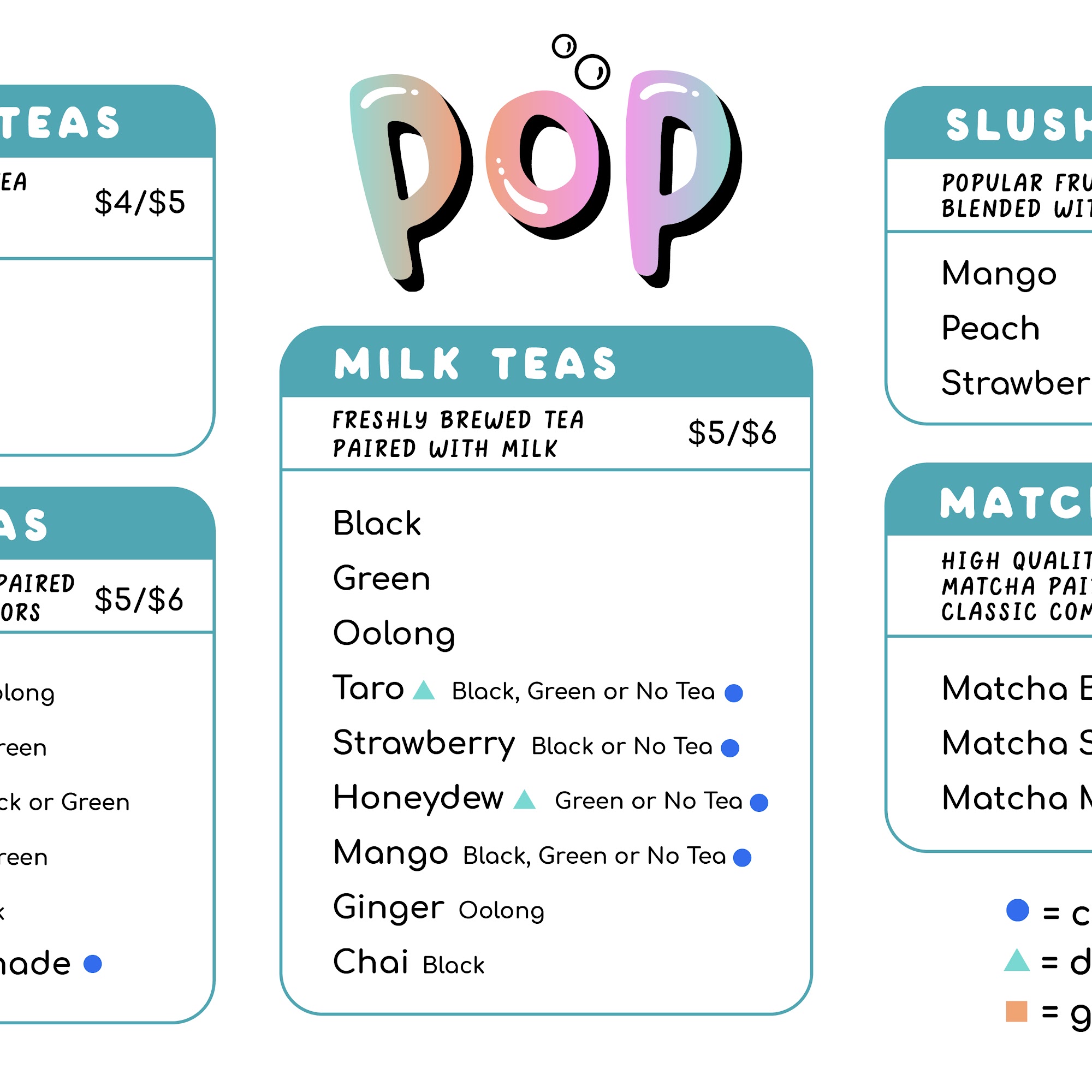Pop Bubble Tea Menu