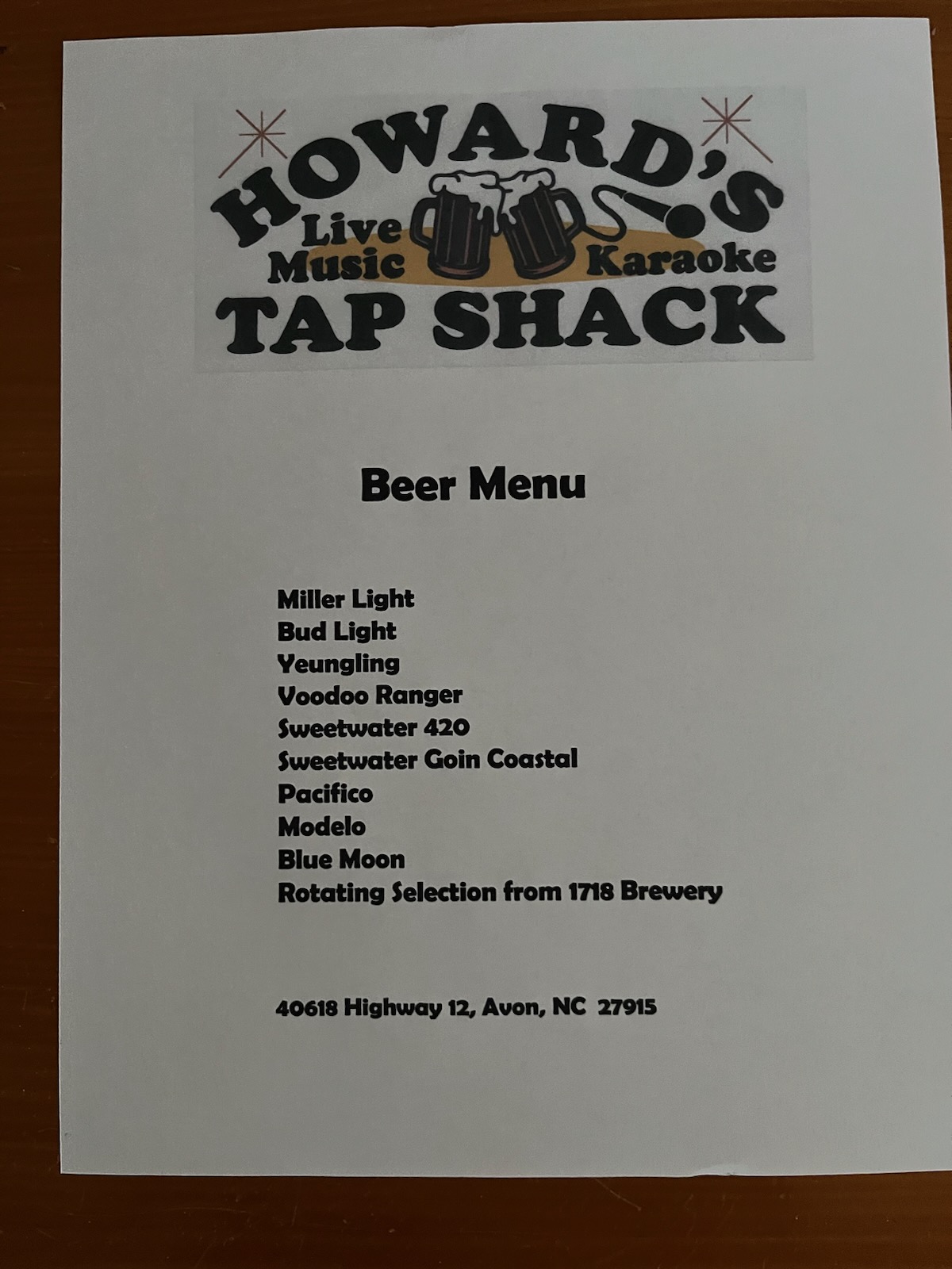 Howards Tap Shack Menu