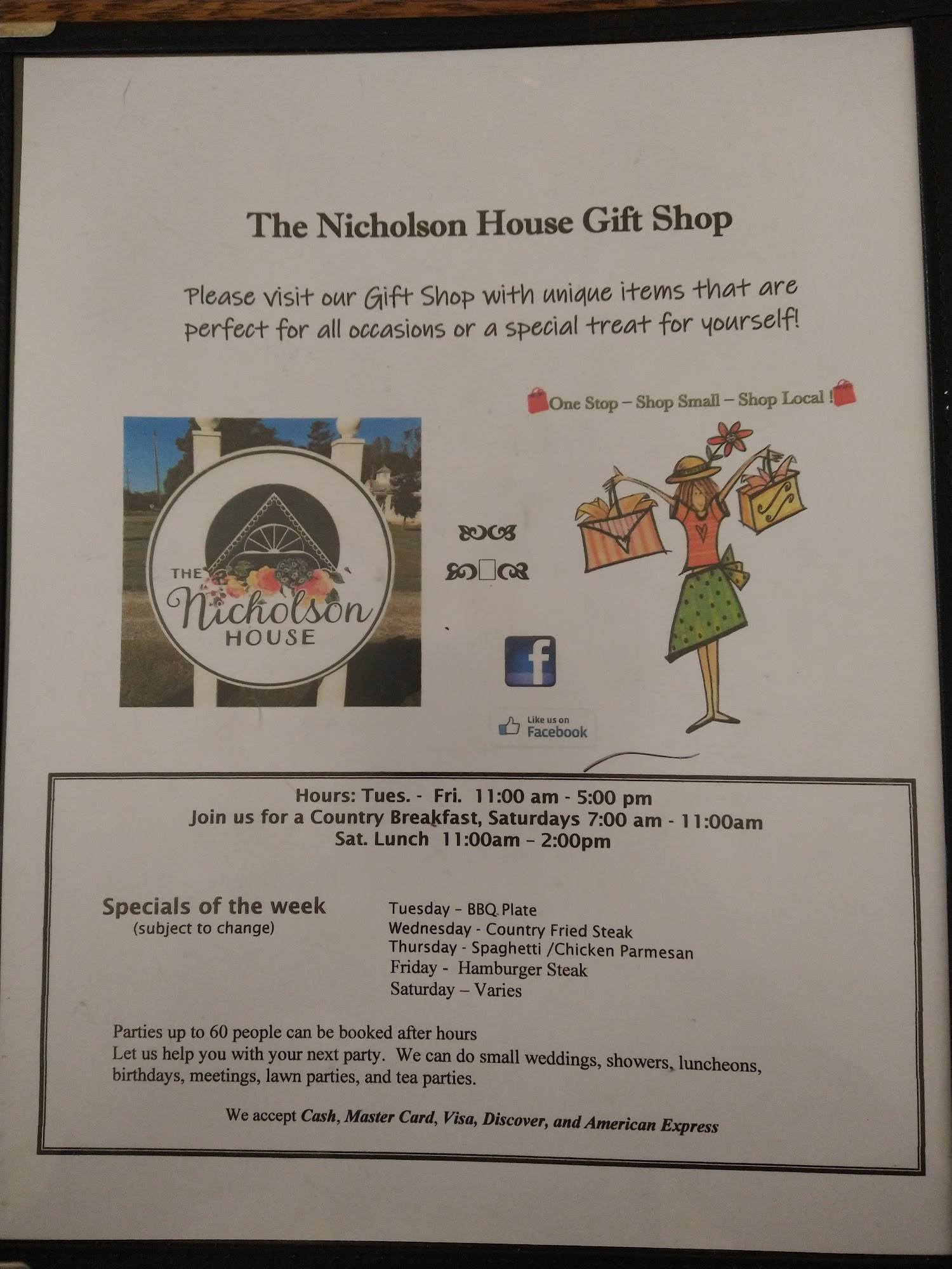 The Nicholson House Restaurant and Gift Shop Menu