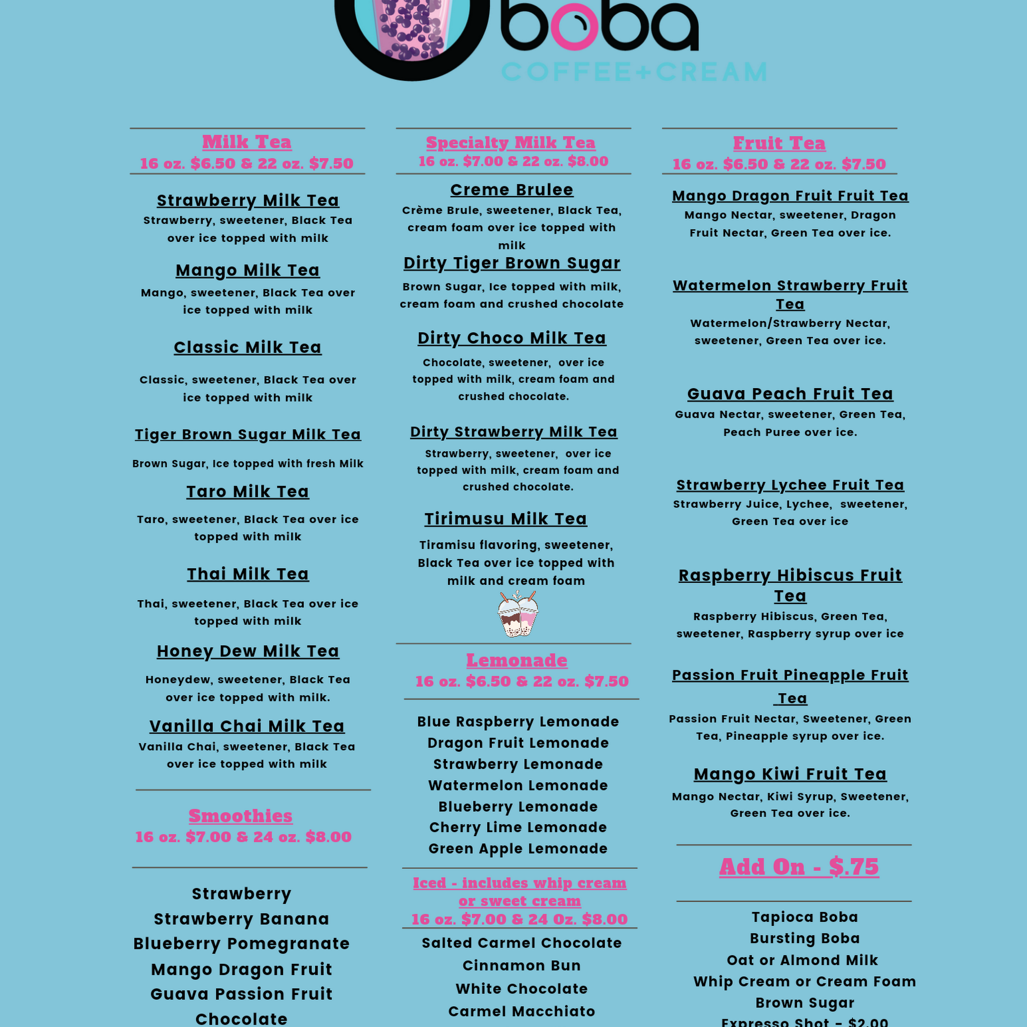 O My Boba Coffee + Cream Menu