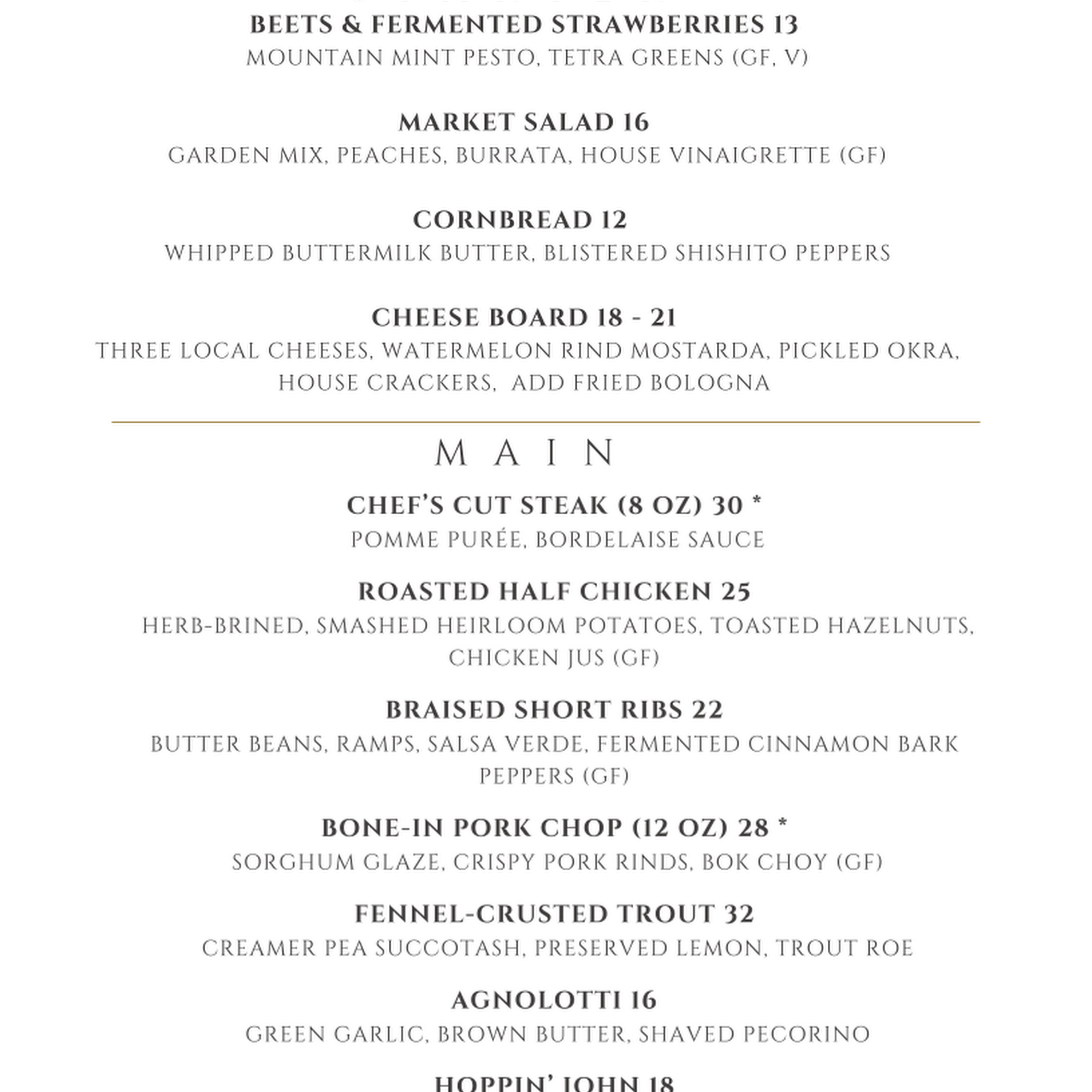 Trillium table Menu