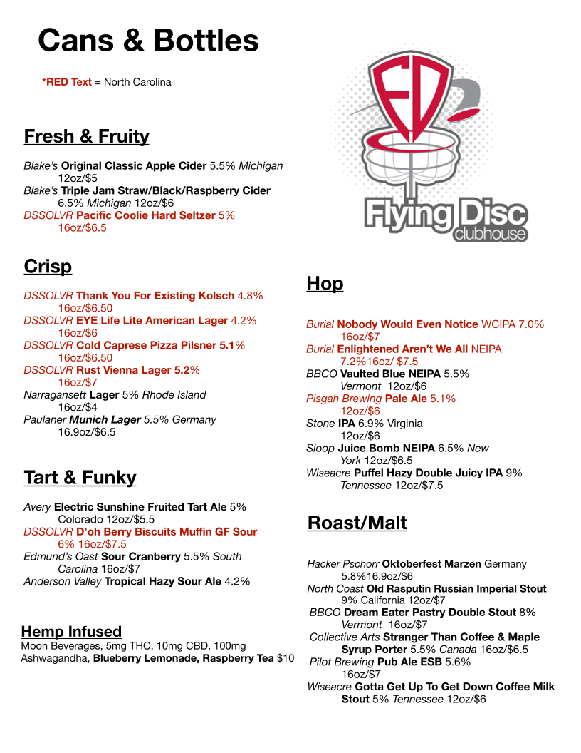 Flying Disc Clubhouse Menu