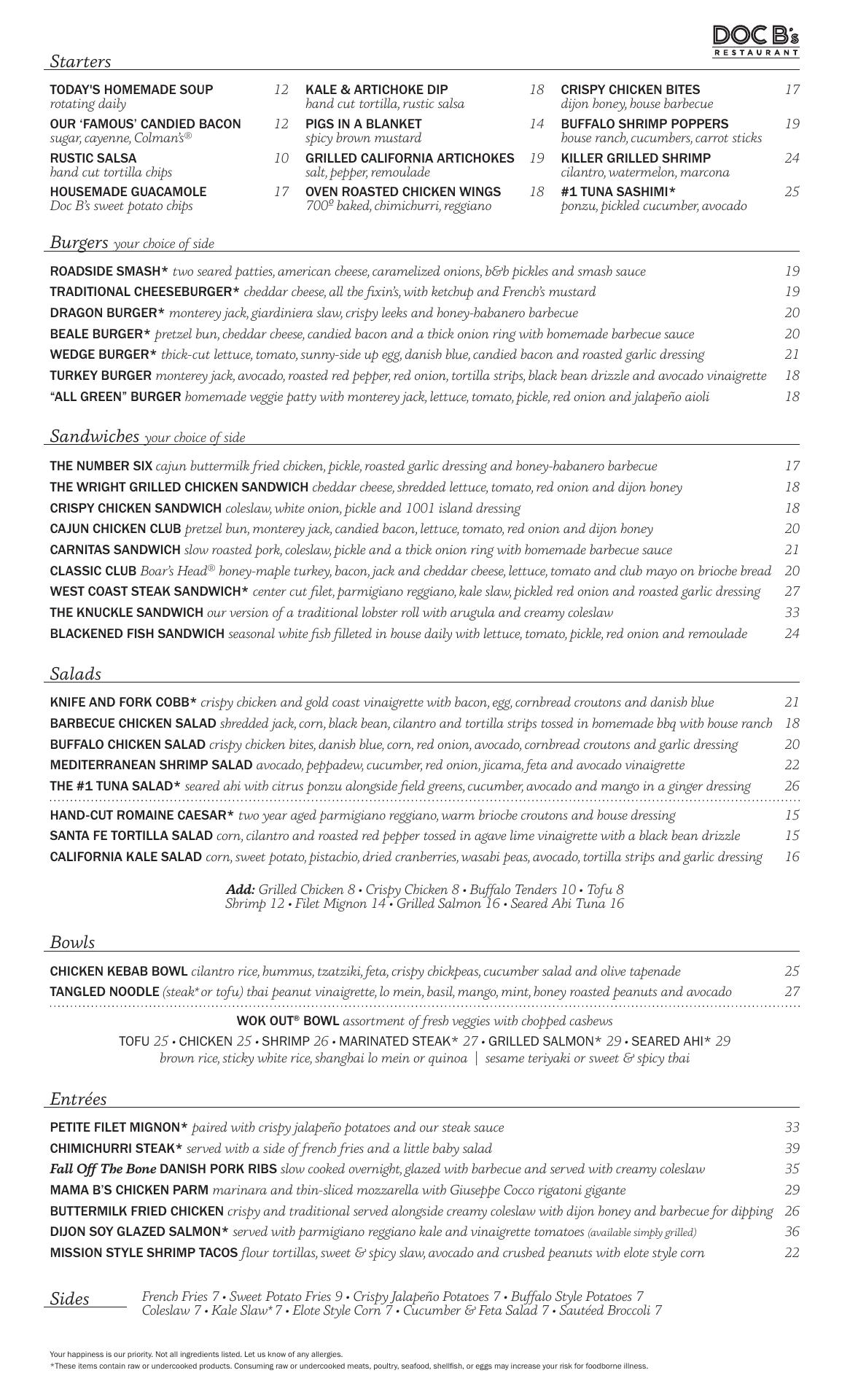 Doc B's Restaurant Menu