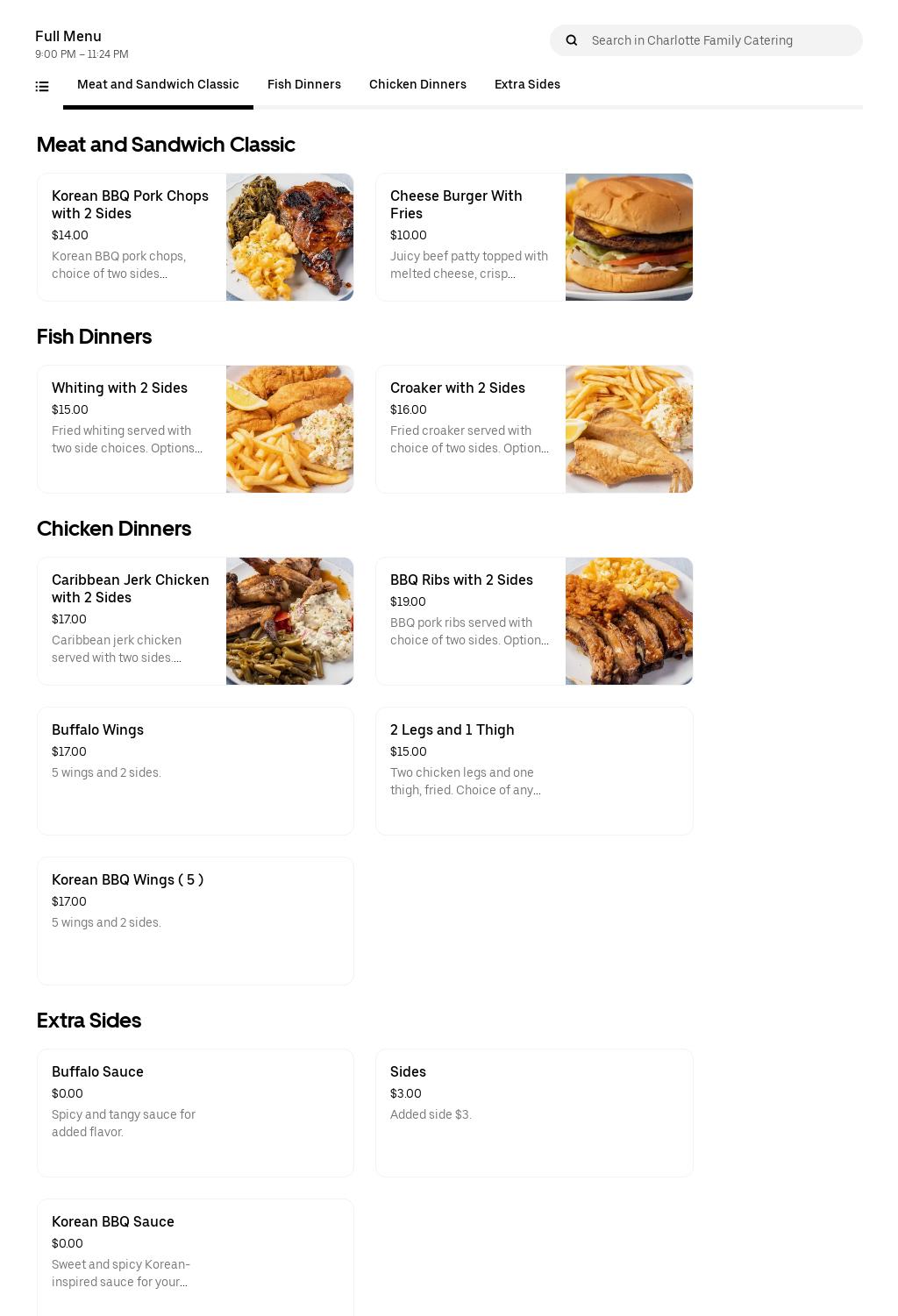 Charlotte family catering Menu