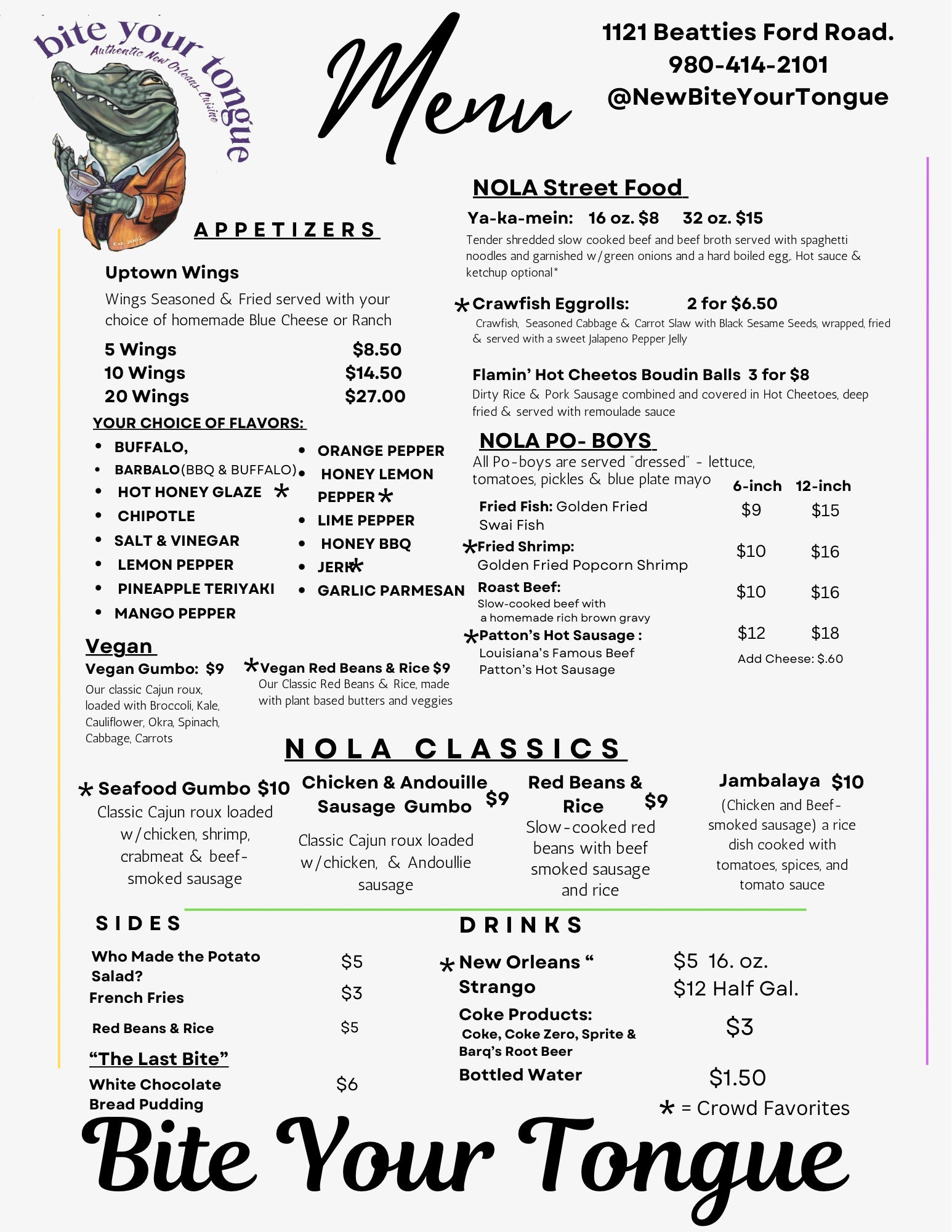 Bite Your Tongue Authentic New Orleans Cuisine Menu