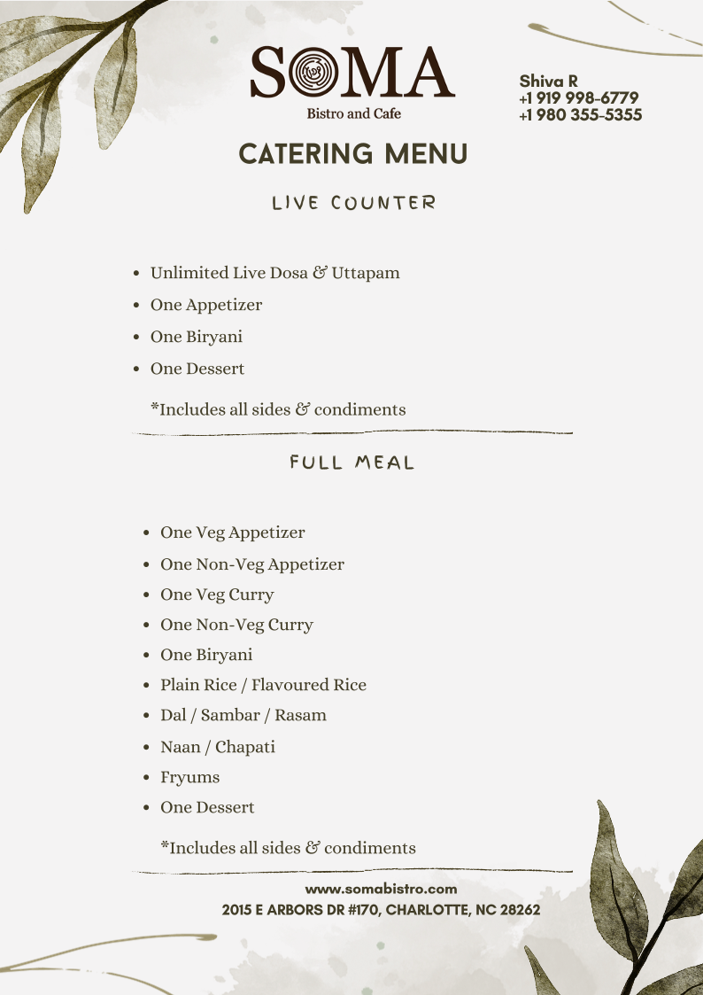 Soma Bistro and Cafe Menu