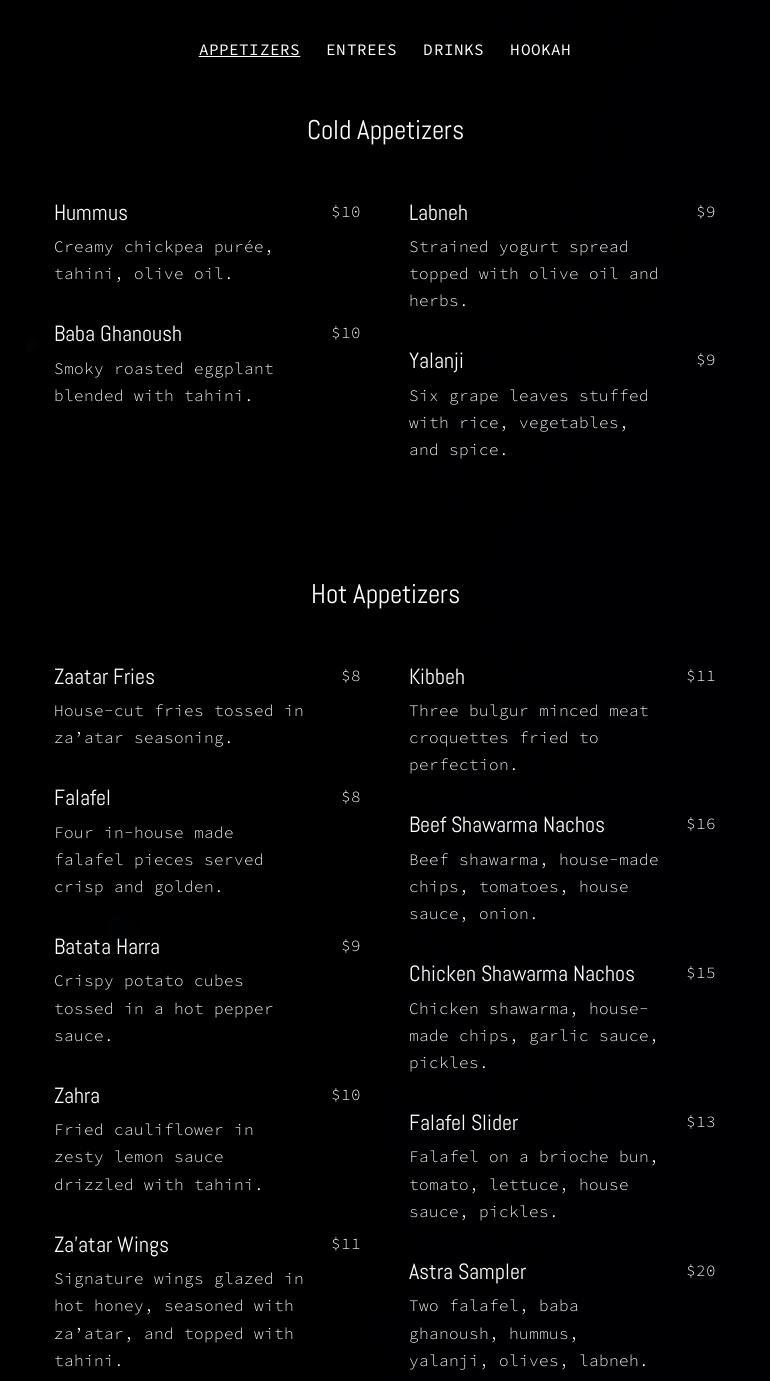 Astra Restaurant and Lounge Menu