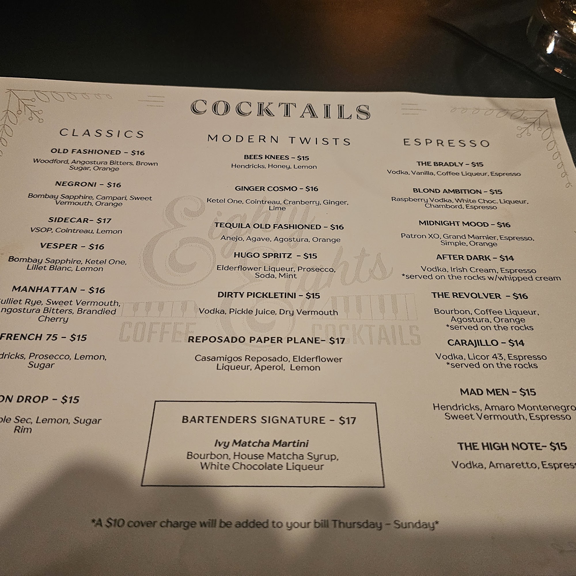 Eighty Eights Coffee & Cocktails Menu