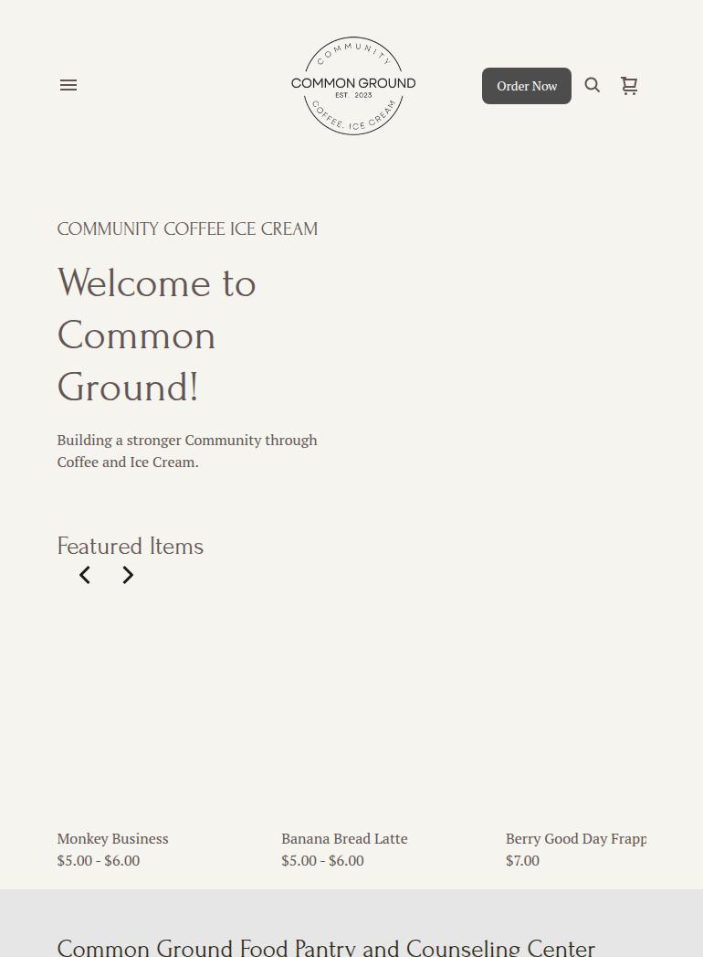 Common Ground Coffee and Ice Cream Menu