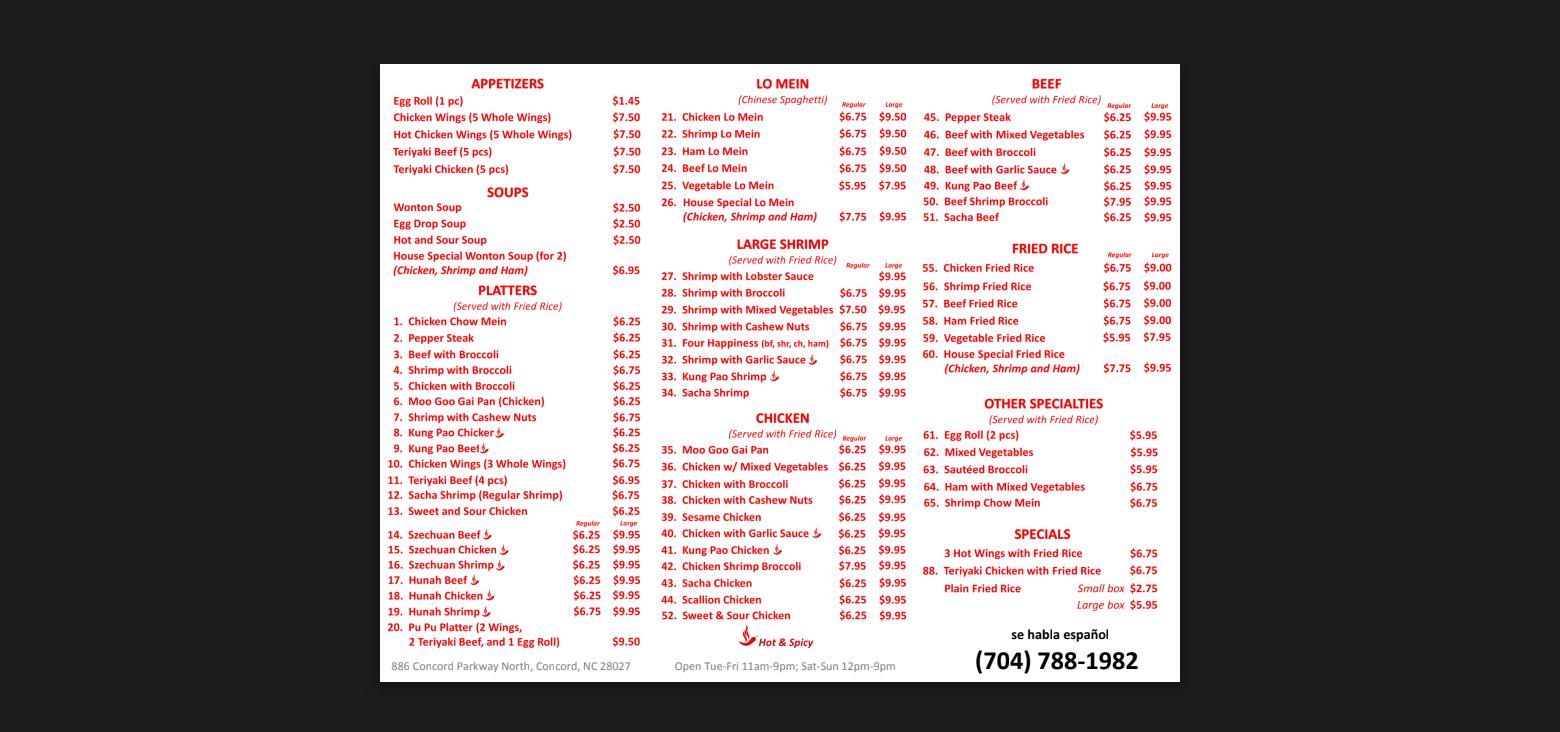 Sun Sing Express Chinese Food Menu