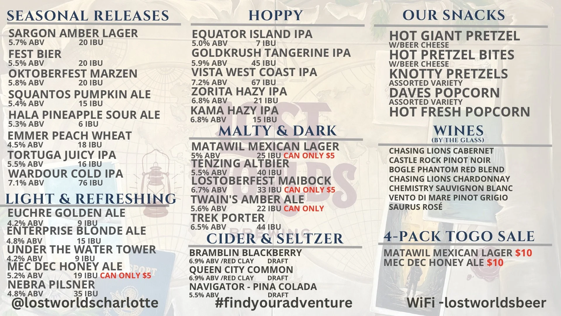 Lost Worlds Brewing Company Menu