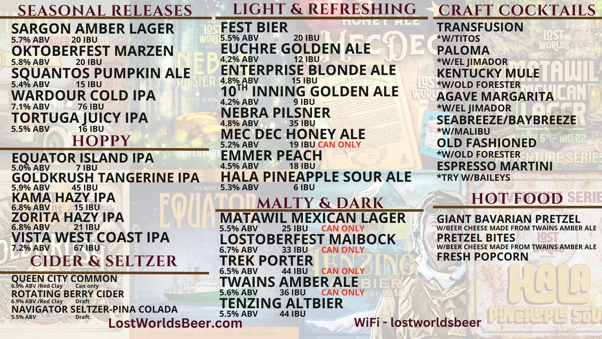 Lost Worlds Brewing Company Menu
