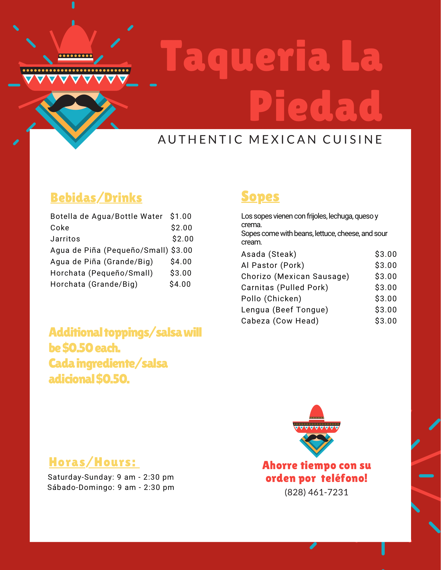 Taqueria La Piedad Menu