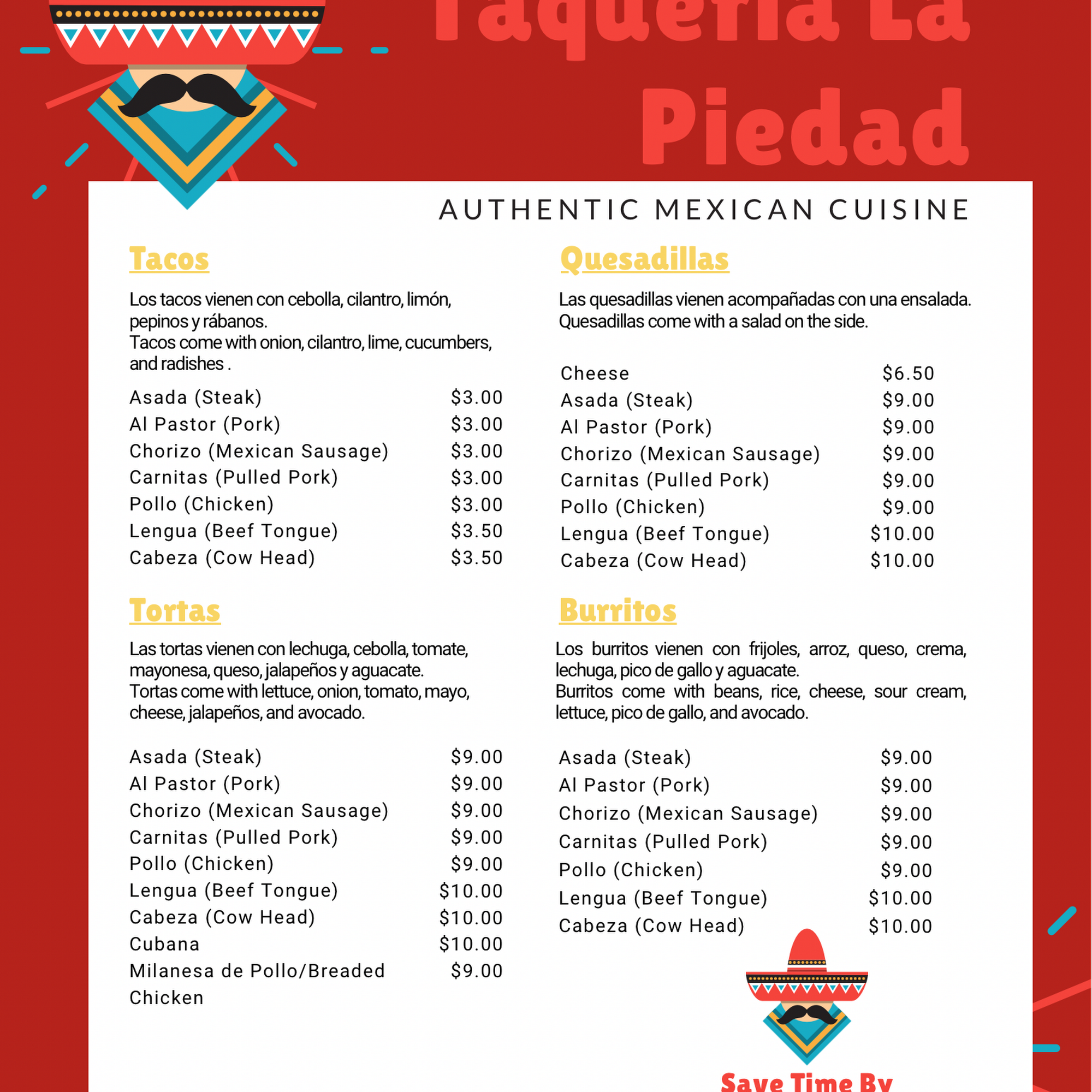 Taqueria La Piedad Menu