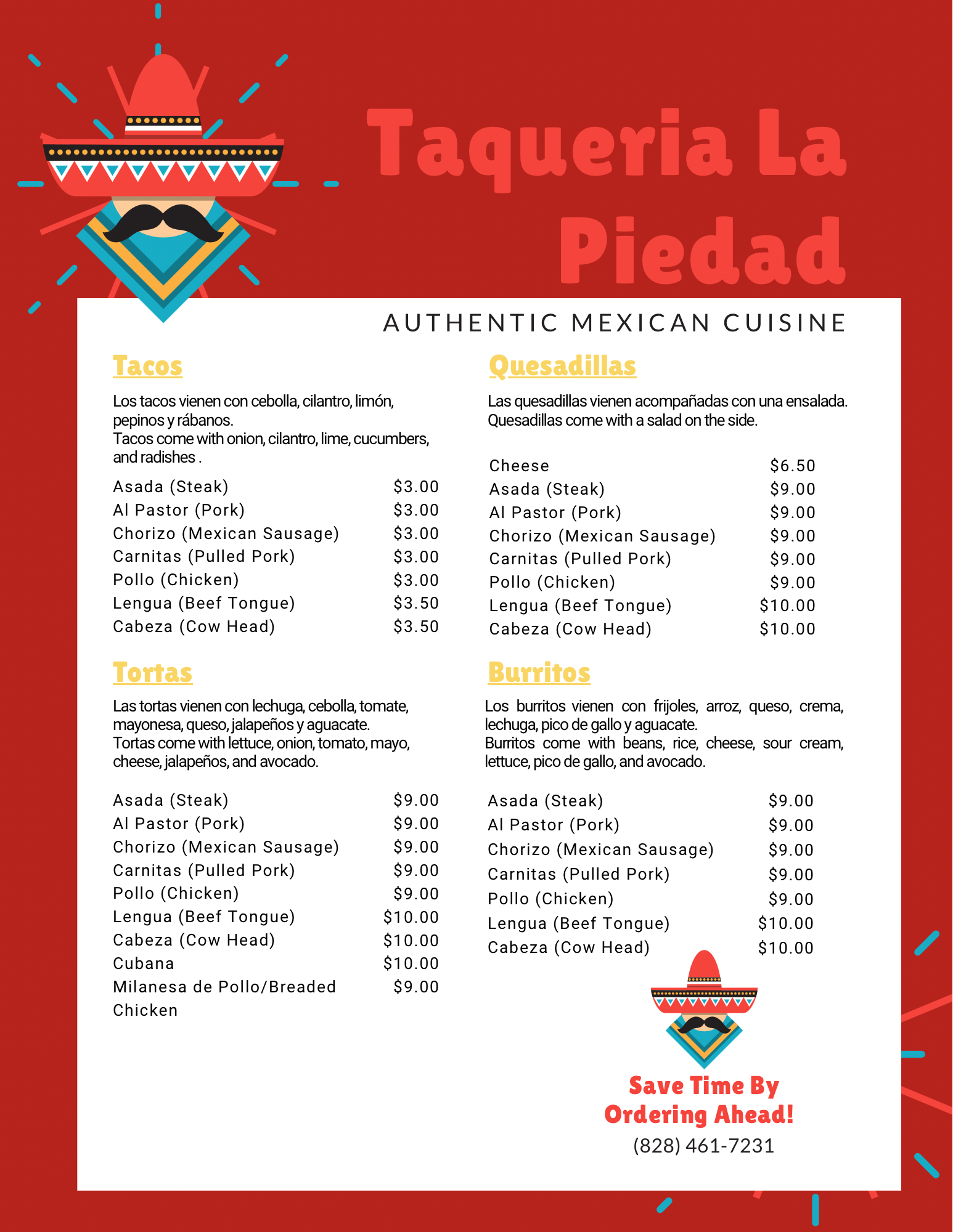 Taqueria La Piedad Menu